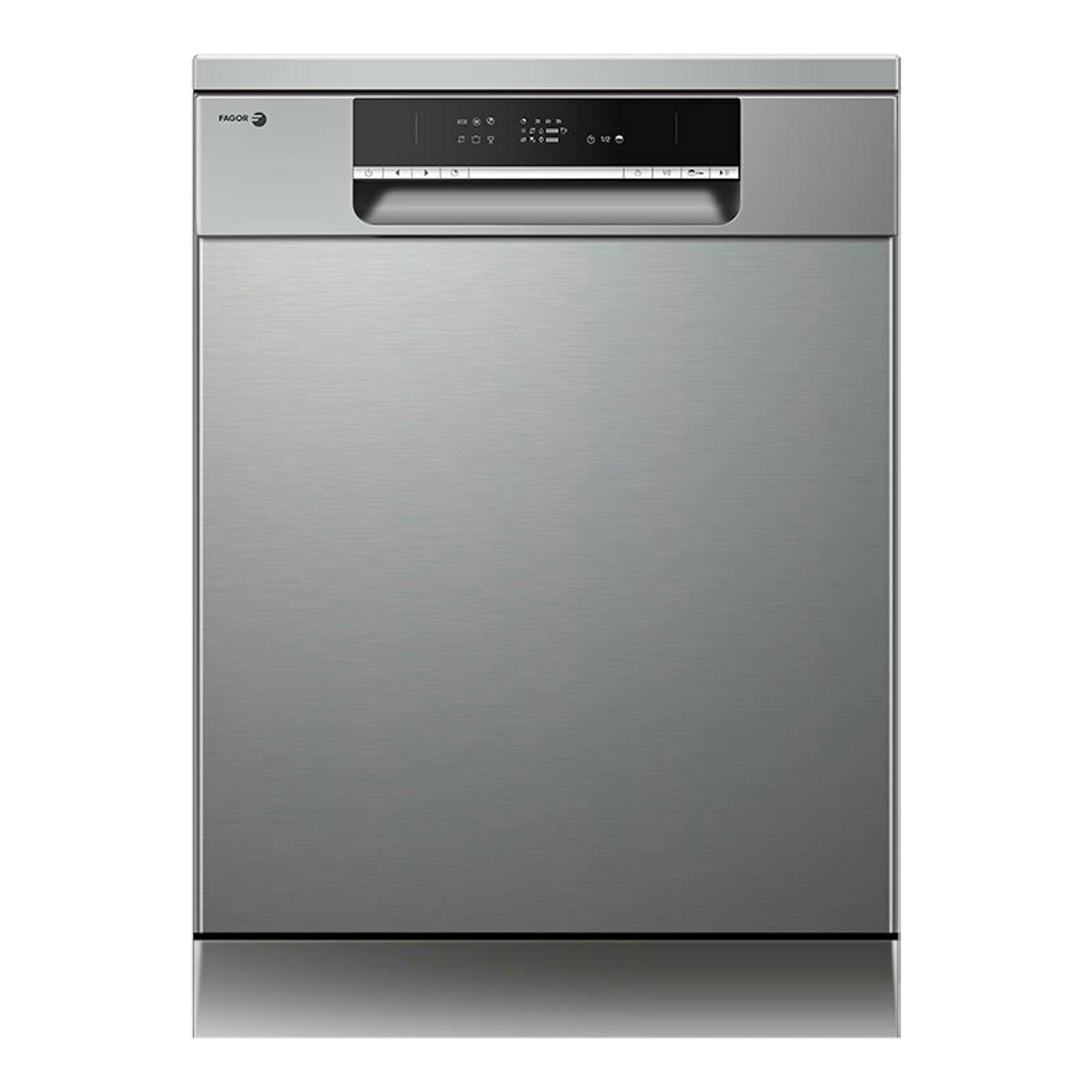 Lavavajillas Fagor 4LVF621X, vista frontal, en acero inoxidable con panel de control negro superior.