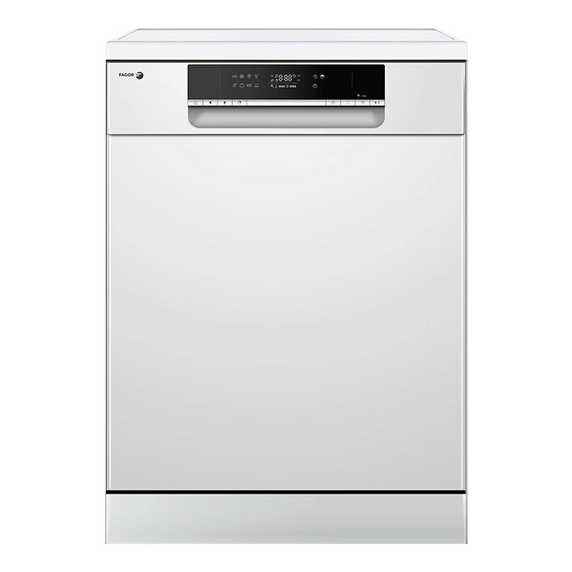 Lavavajillas Fagor 4LVF635 de 60 cm, vista frontal, color blanco, con panel de control negro superior.