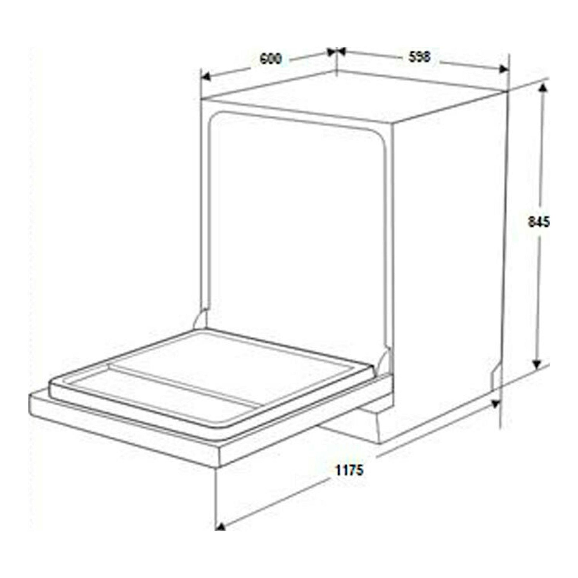 Lavavajillas Fagor 4LVF635, dibujo técnico en perspectiva con puerta abierta y medidas 600 x 598 x 845 mm.