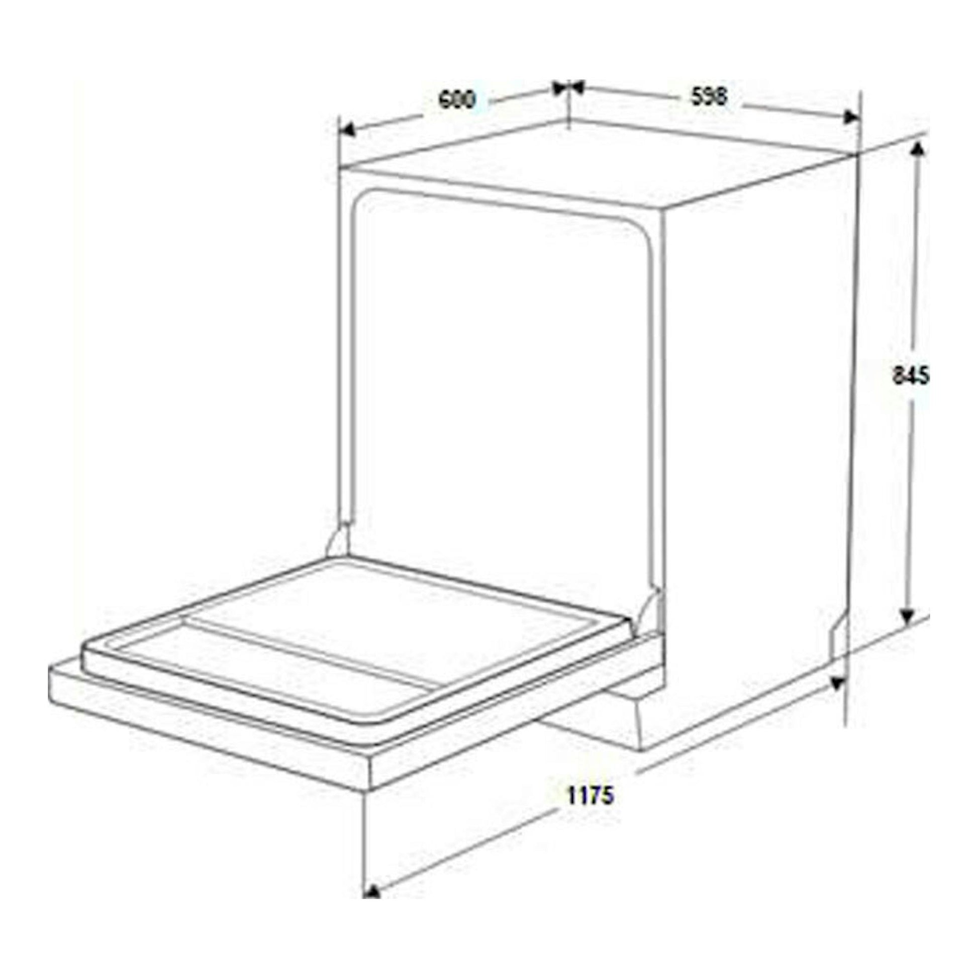 Lavavajillas Fagor 4LVF635AD, dibujo técnico en blanco y negro con puerta abierta y medidas 600×598×845 mm.