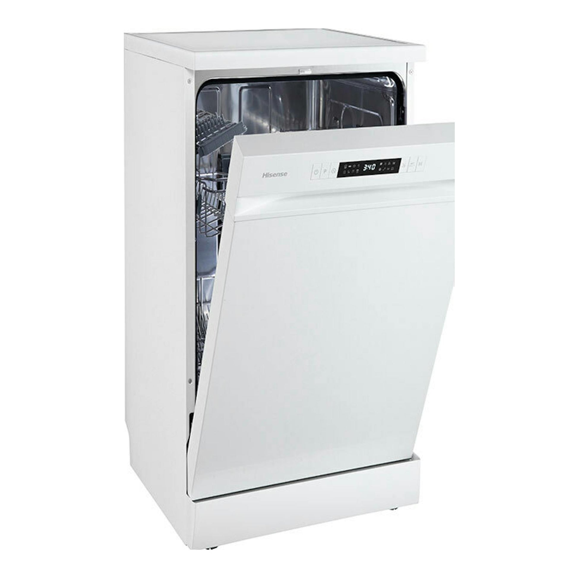 Lavavajillas Hisense HS522E10W blanco, vista frontal en 3/4 con la puerta abierta.