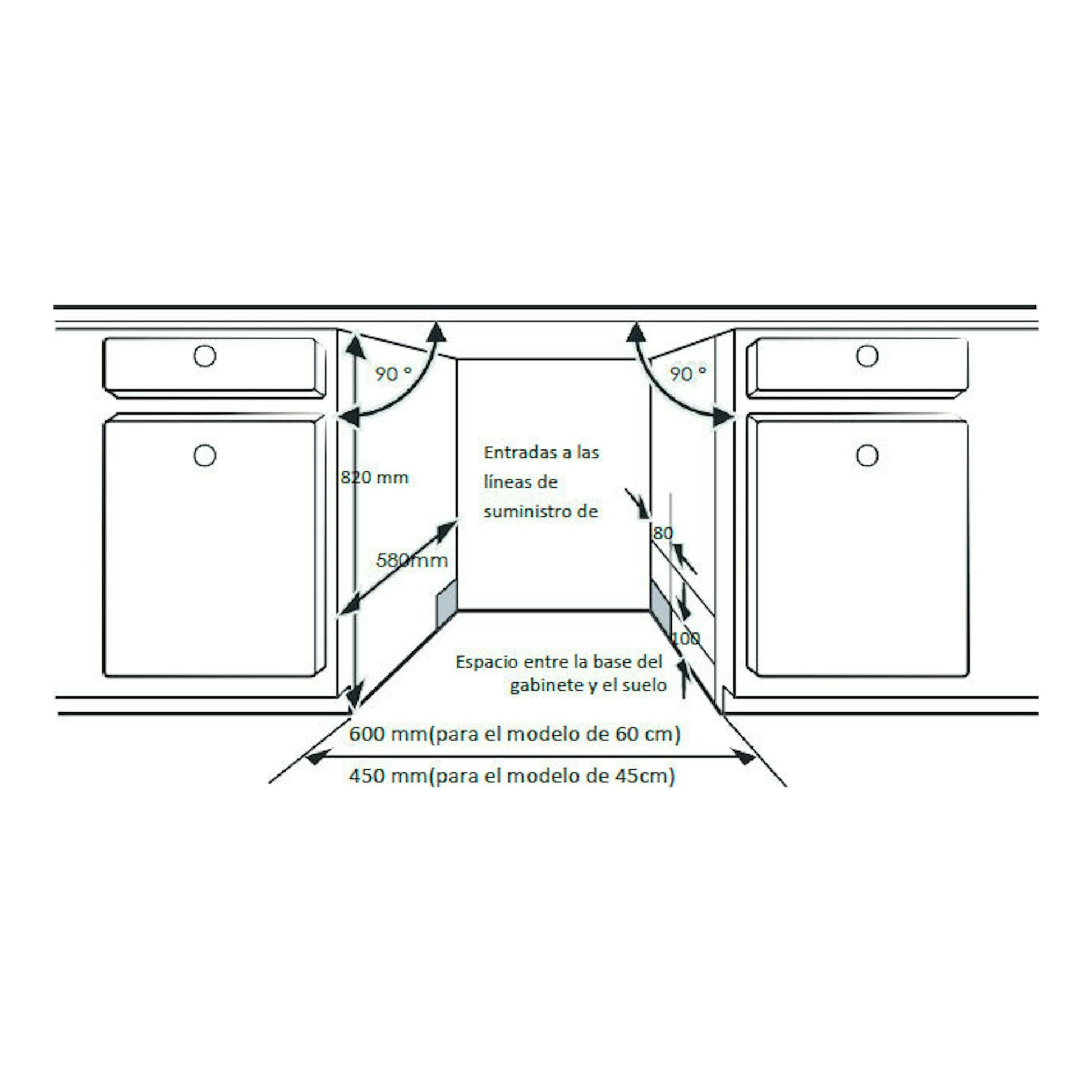Diagrama de instalación de lavavajillas Hisense HS543D10X, vista frontal con medidas para modelo de 45 cm.
