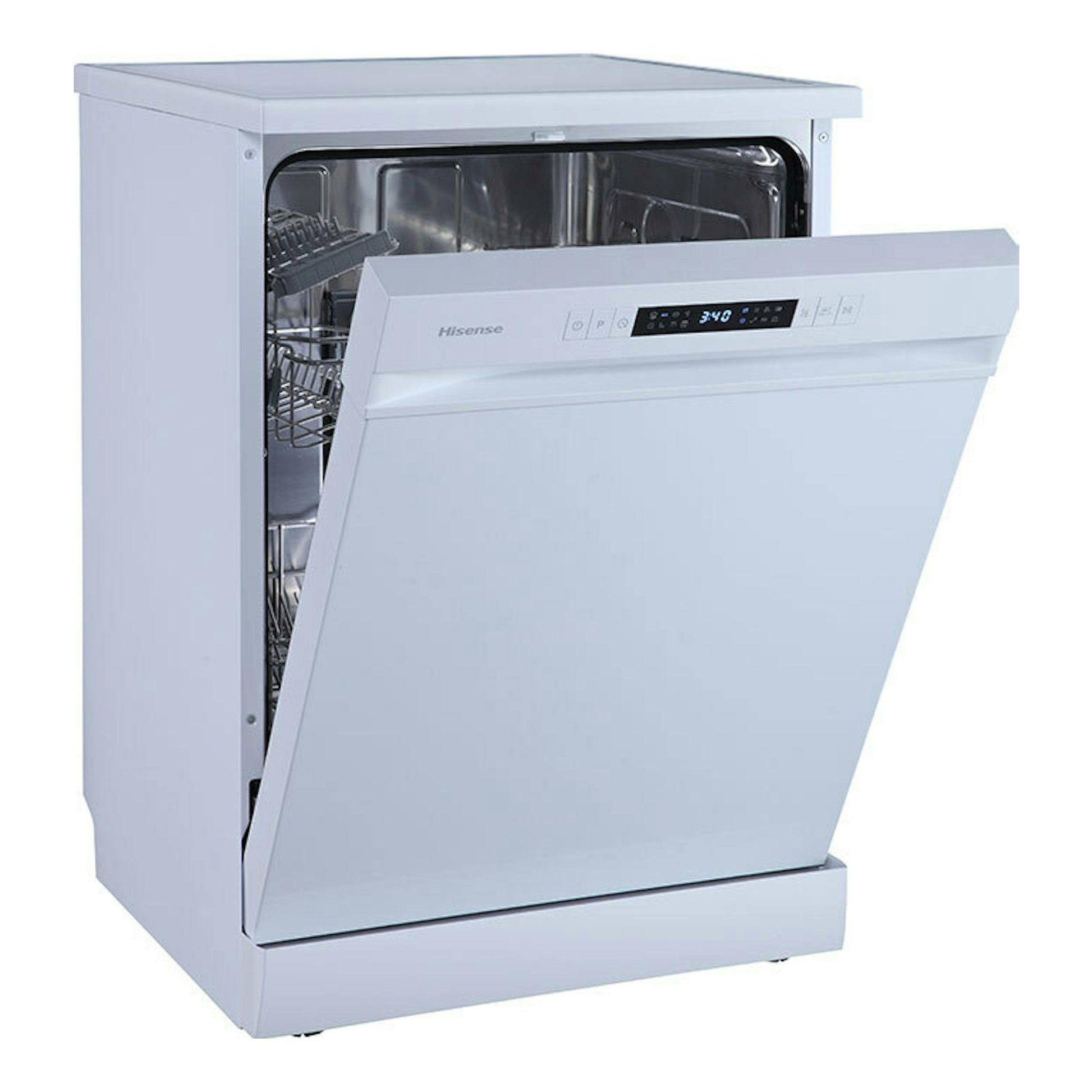Lavavajillas Hisense HS622E10W blanco, vista frontal en ángulo, con la puerta abierta.