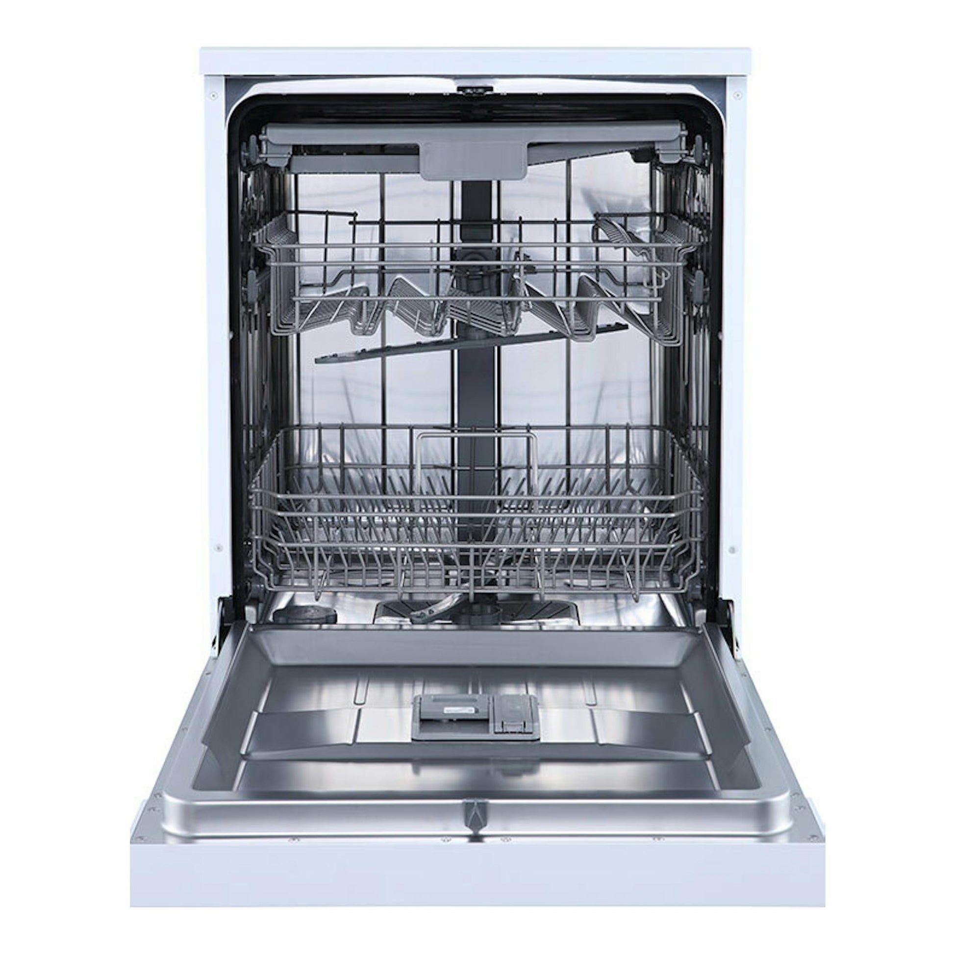 Lavavajillas Hisense HS623D10W blanco, vista frontal abierta, interior de acero inoxidable y cestas.