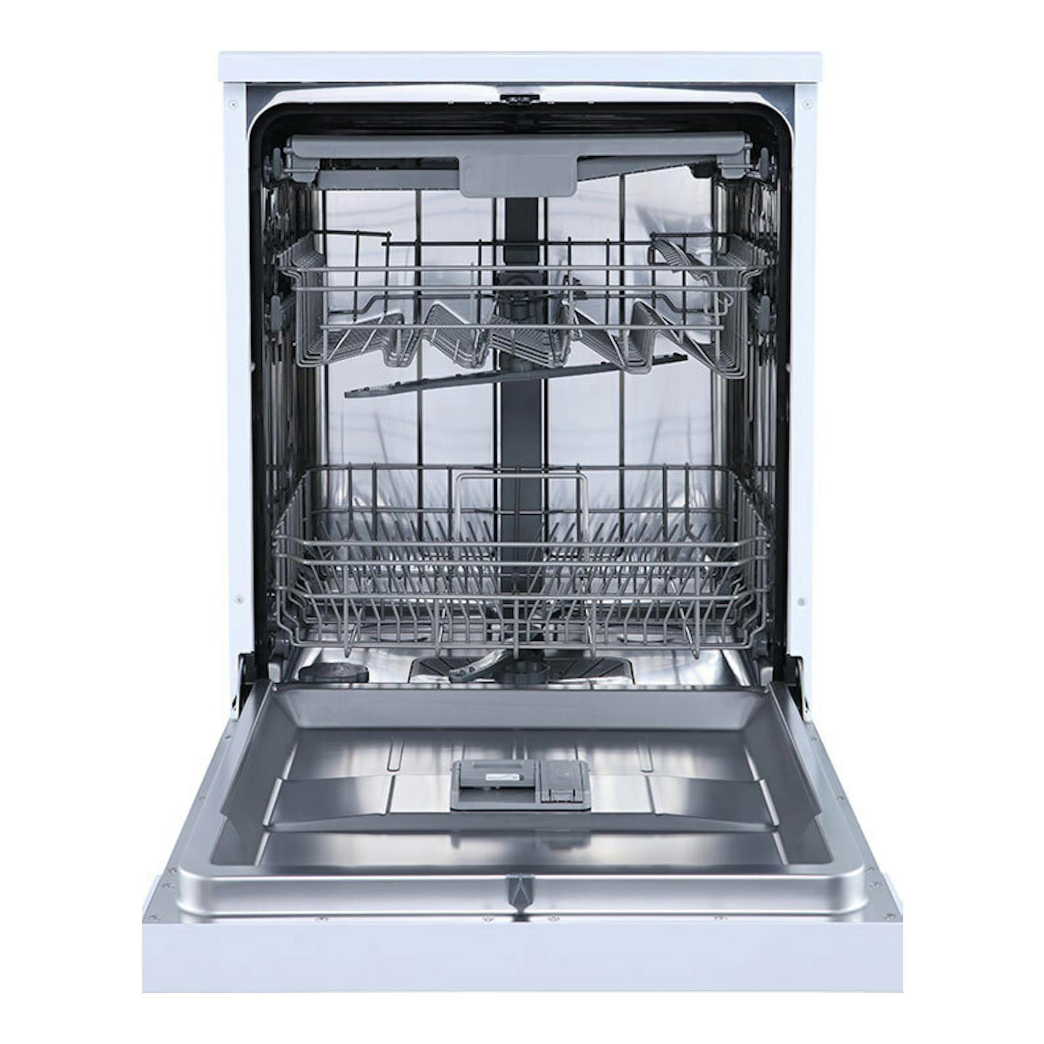 Lavavajillas Hisense HS623D10W blanco, vista frontal abierta, interior de acero inoxidable y cestas.