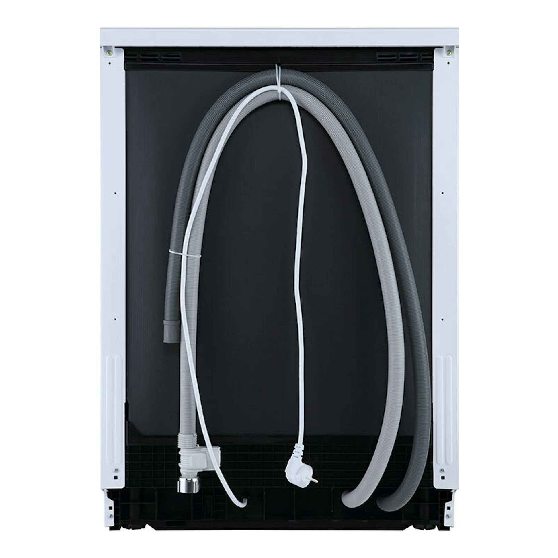 Lavavajillas Hisense HS623D10W blanco, vista trasera con mangueras y cable de alimentación.