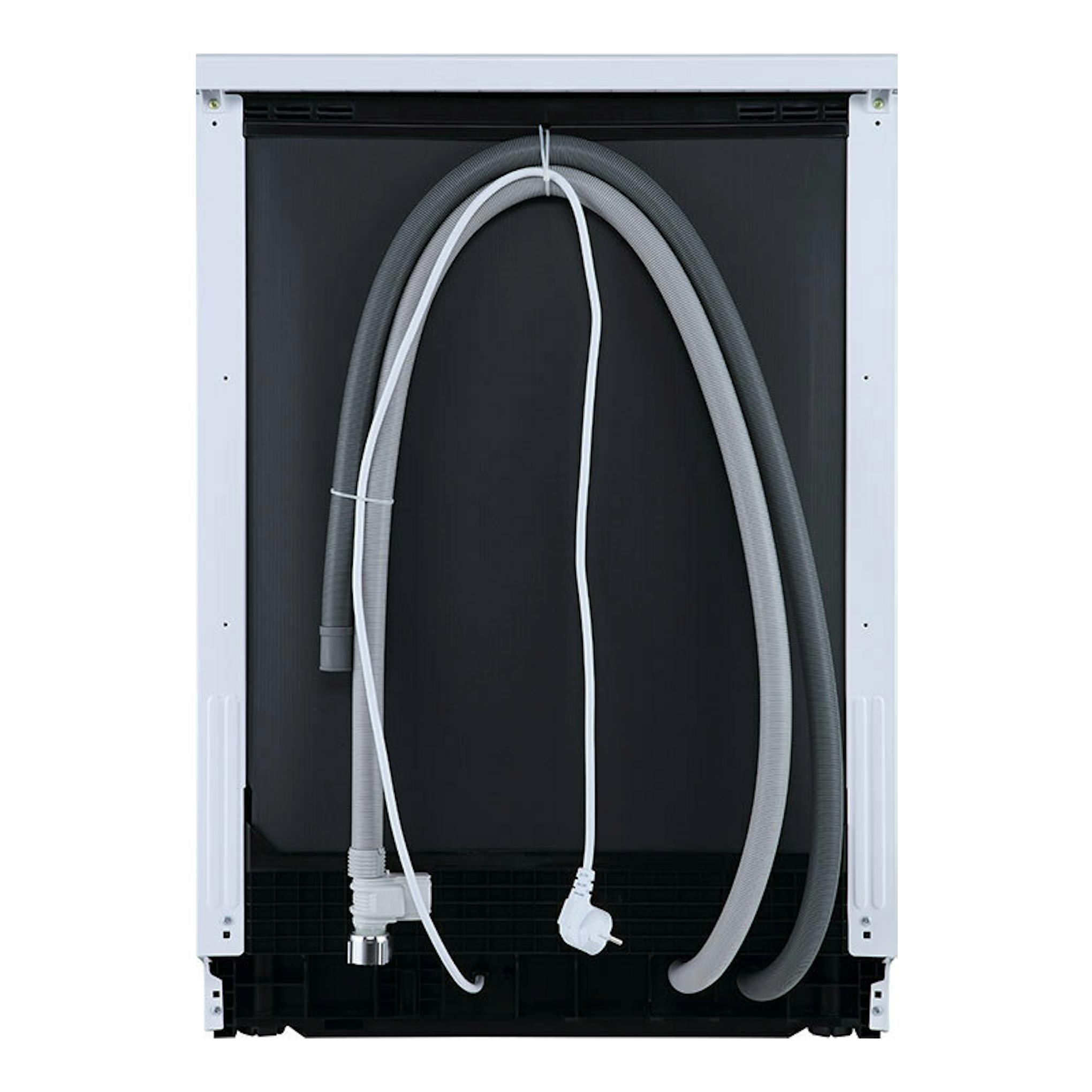Lavavajillas Hisense HS623D10W blanco, vista trasera con mangueras y cable de alimentación.