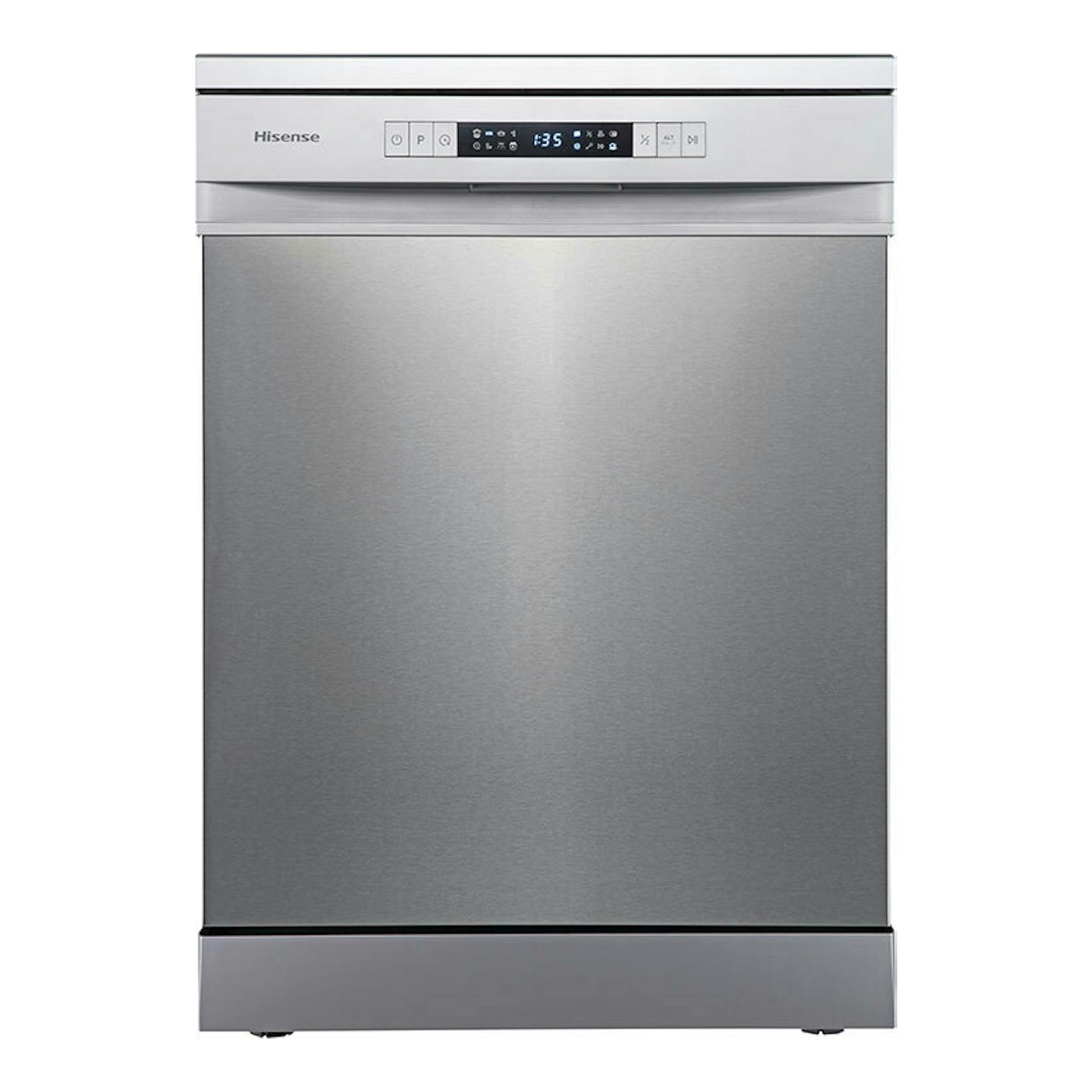 Lavavajillas Hisense HS623D10X de acero inoxidable, vista frontal, con panel de control superior.