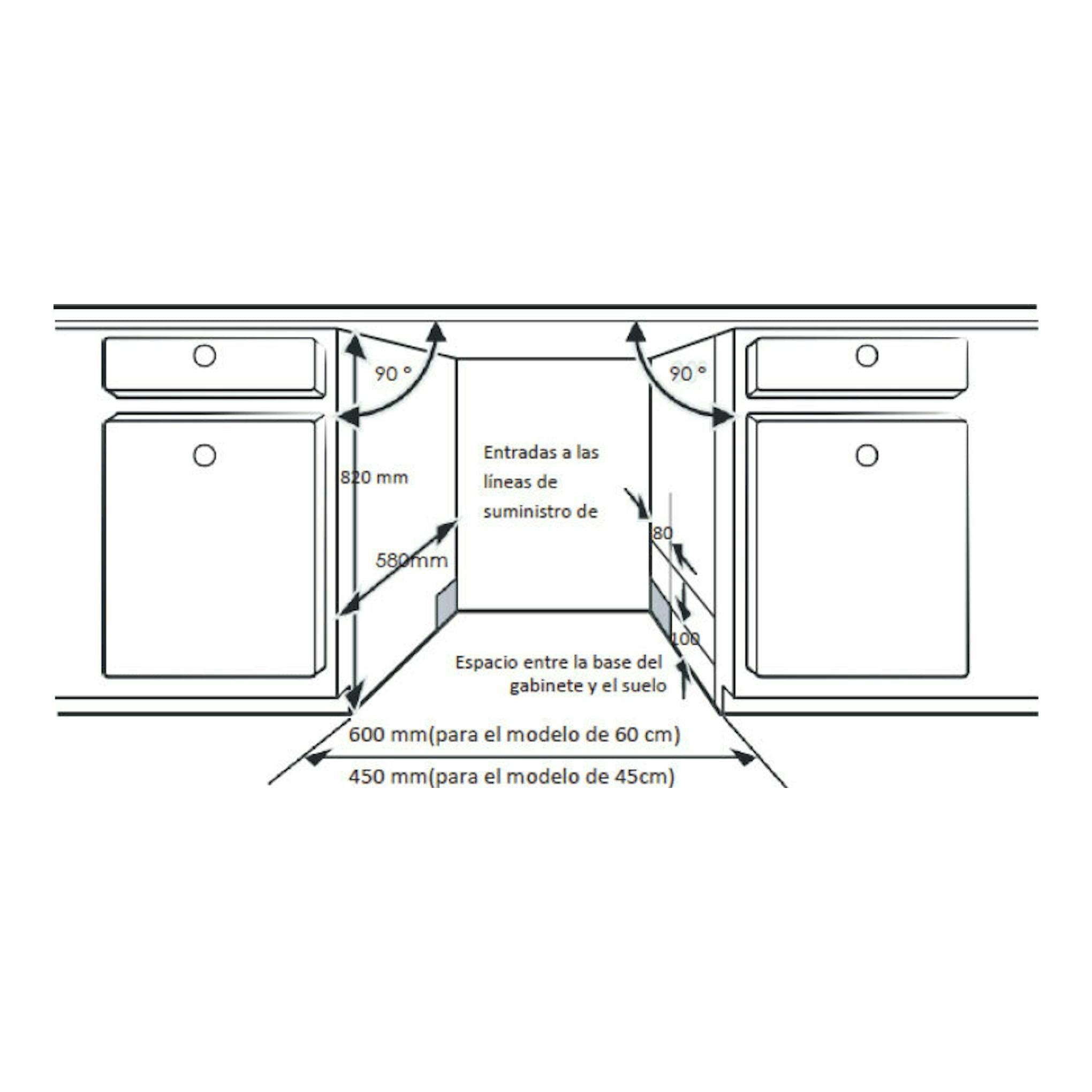 Esquema de instalación del lavavajillas Hisense HS623D10X de 60 cm entre muebles, con medidas y holguras.