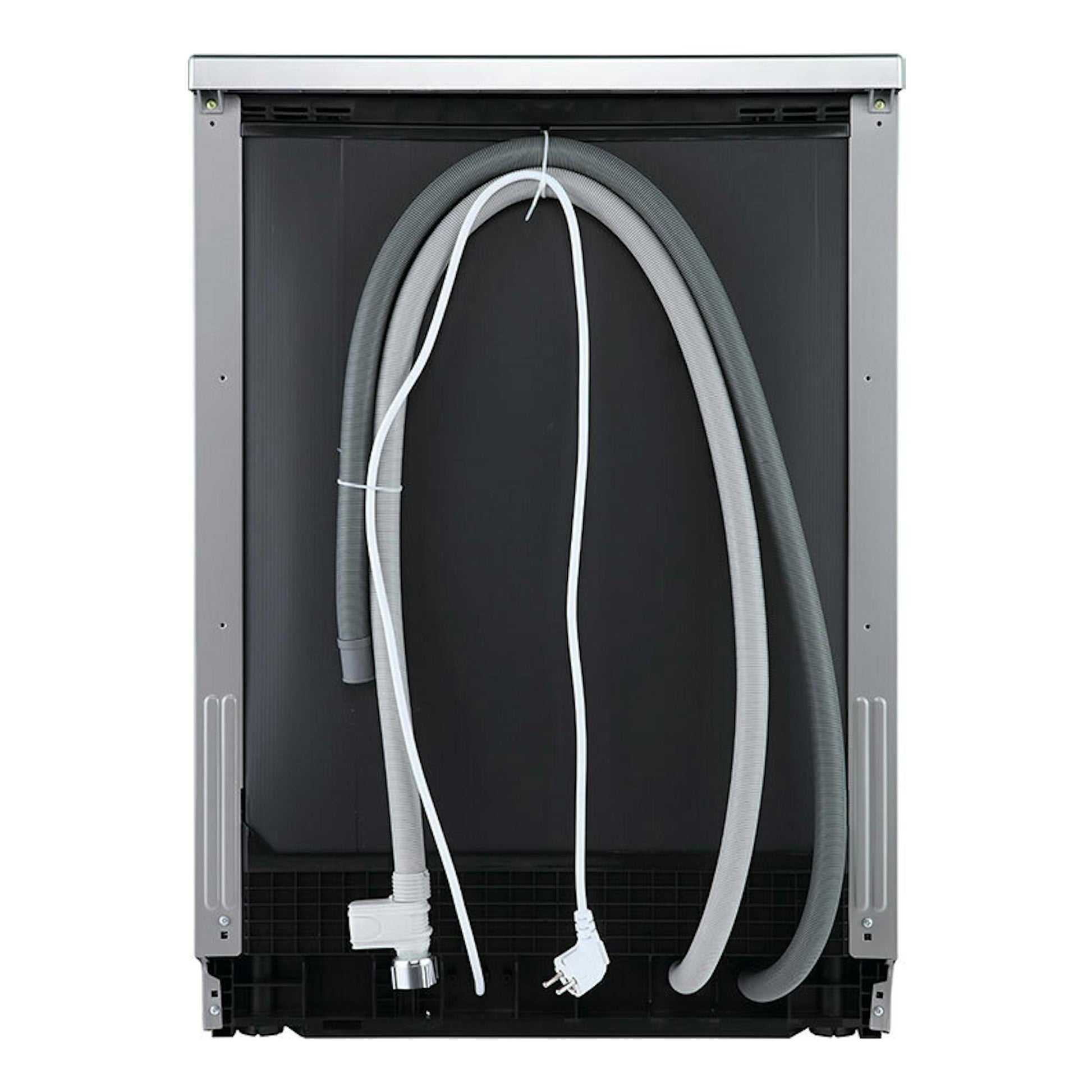Lavavajillas Hisense HS623D10X de 60 cm, vista trasera con mangueras y cable de alimentación.