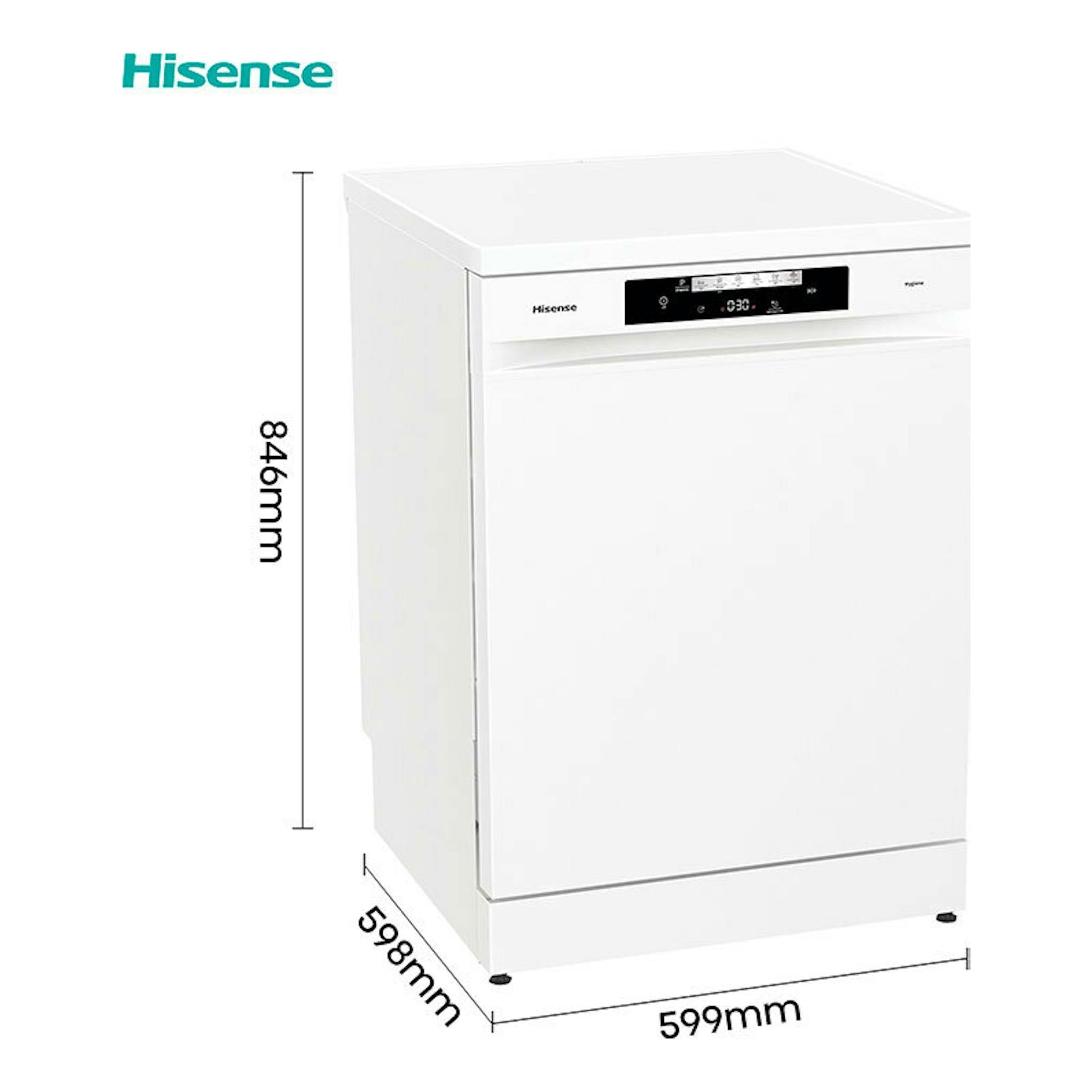 Lavavajillas Hisense HS642C60W blanco, vista frontal en ángulo, con dimensiones 846x599x598 mm.
