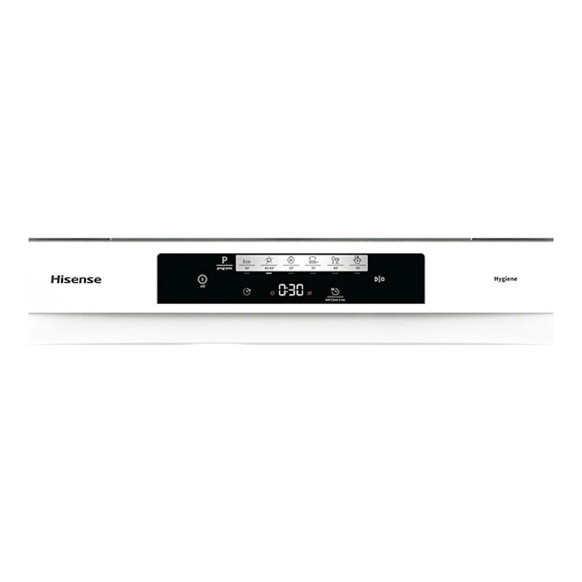 Lavavajillas Hisense HS642C60W blanco, vista frontal con panel de control negro central.