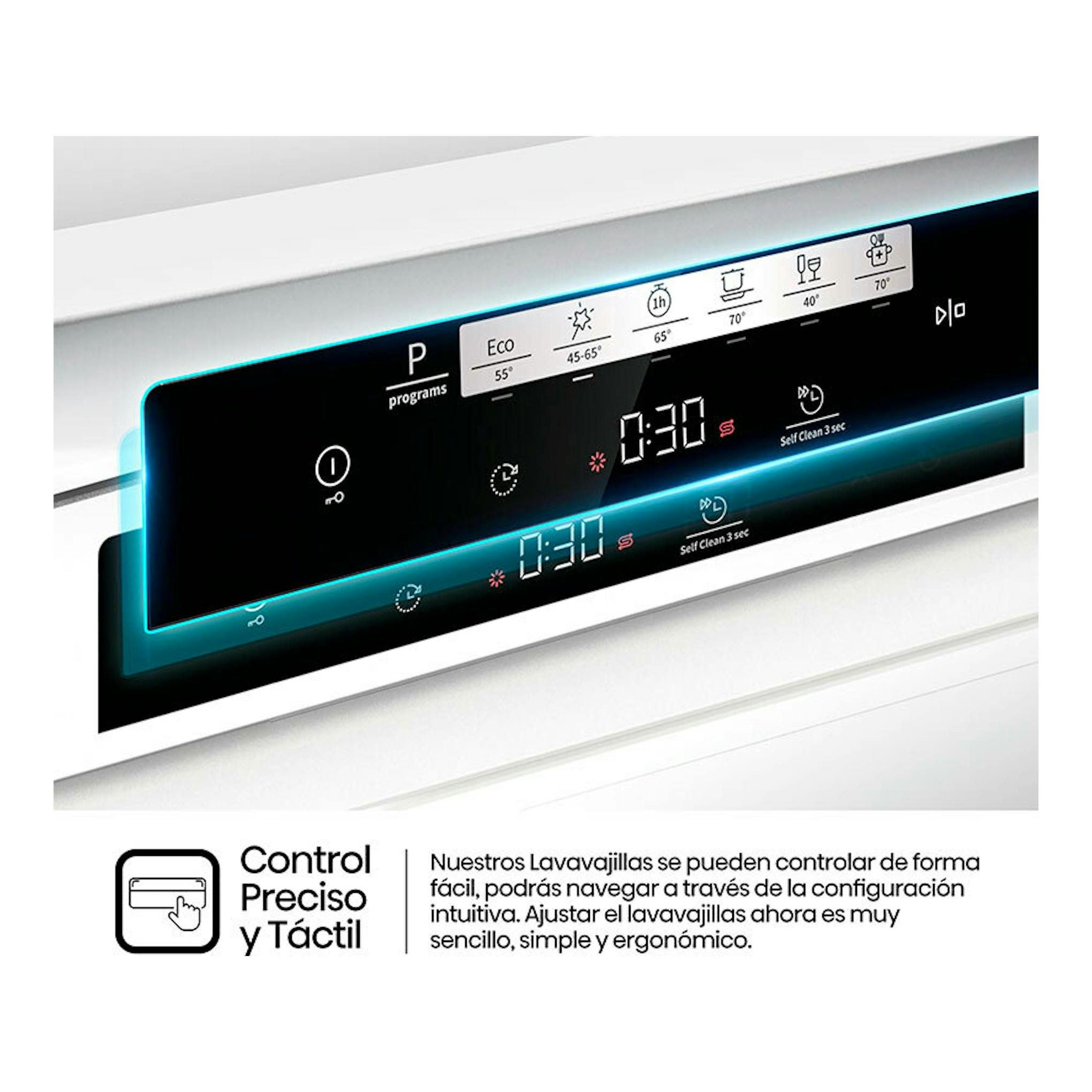 Hisense HS642C60W, panel táctil negro de lavavajillas blanco, vista frontal parcial con luces azules.