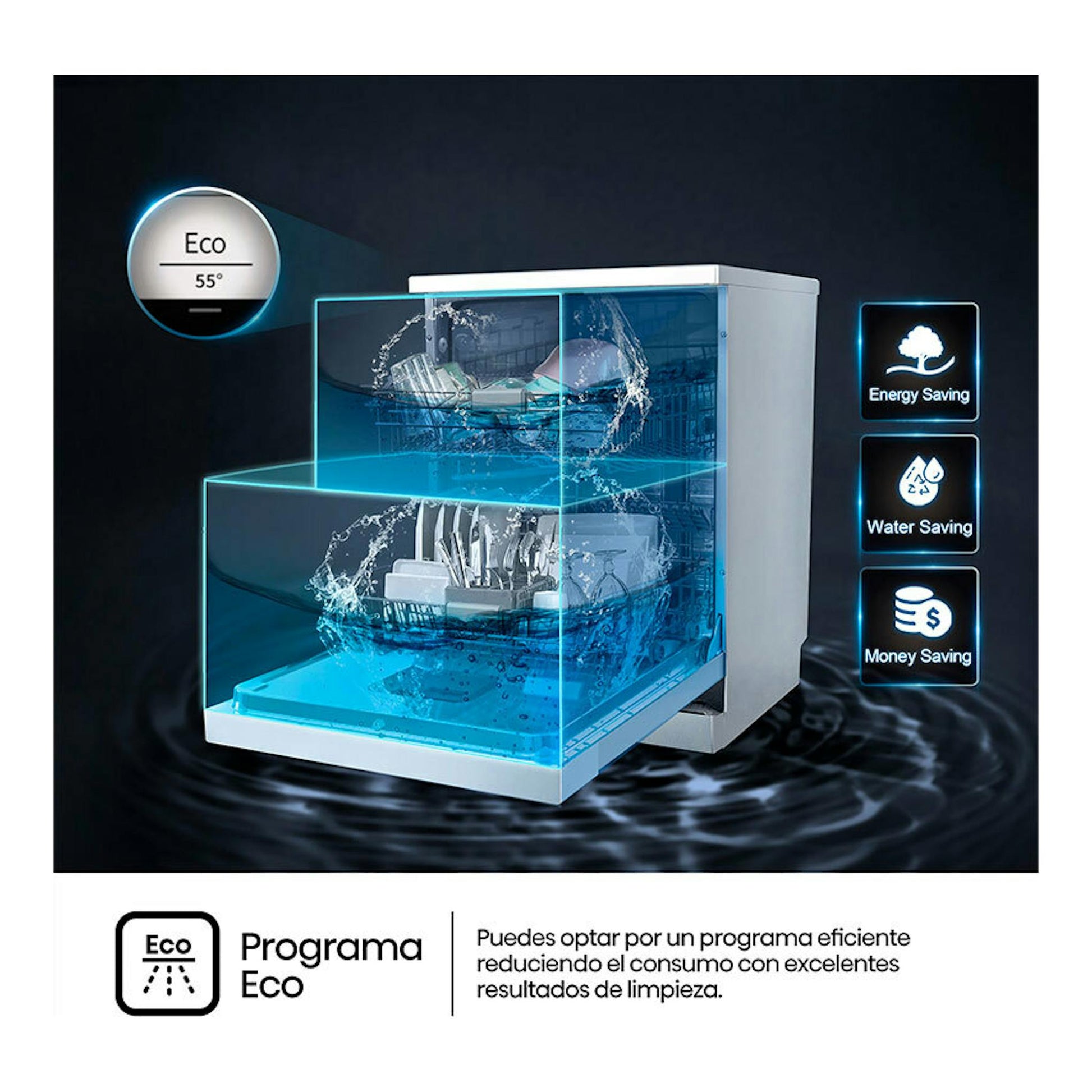 Lavavajillas Hisense HS642C60W 60 cm, vista frontal con corte interior azul y programa Eco 55°