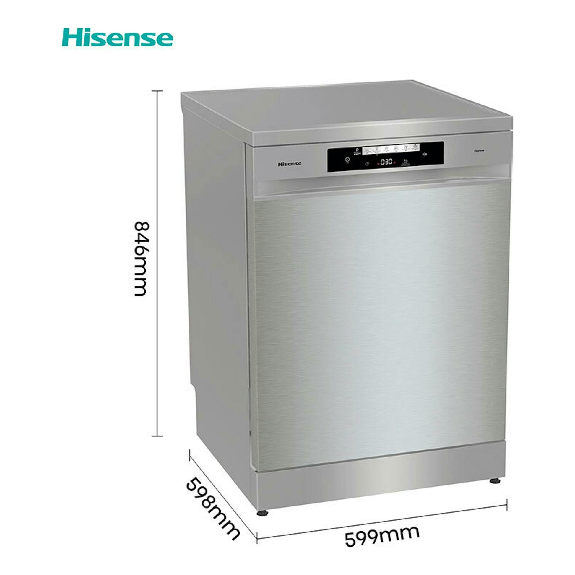 Lavavajillas Hisense HS642C60X de acero inoxidable, vista frontal en ángulo, con medidas 846x599x598 mm.