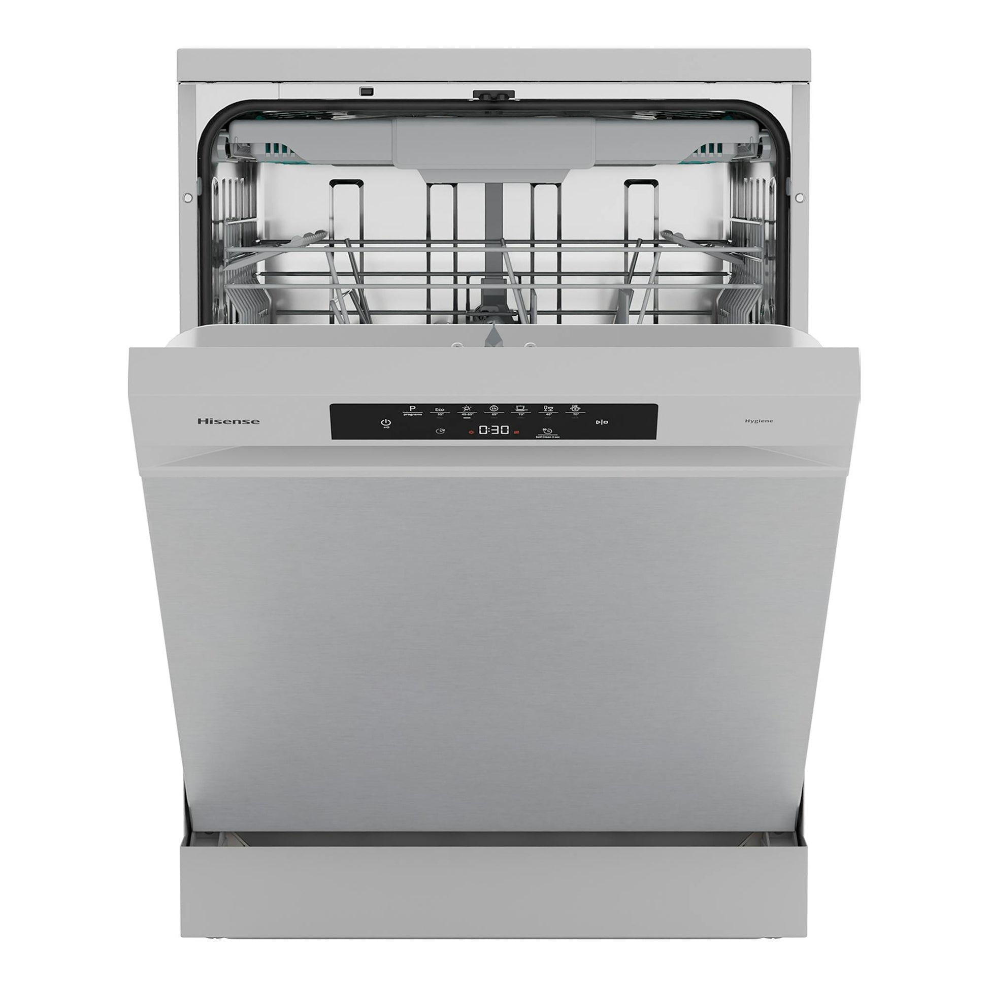 Lavavajillas Hisense HS643B90X inox, vista frontal con la puerta abierta y el interior visible.