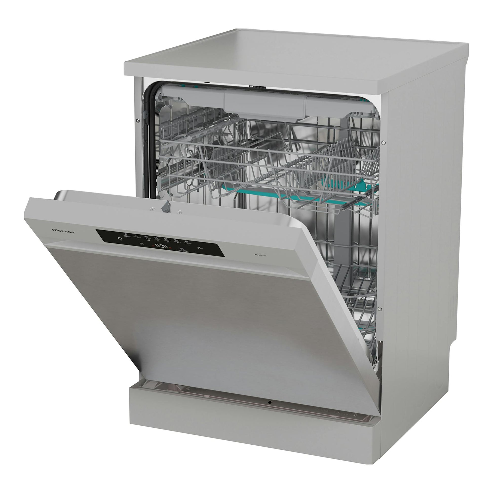 Lavavajillas Hisense HS643B90X en inox, vista frontal en tres cuartos con la puerta abierta.