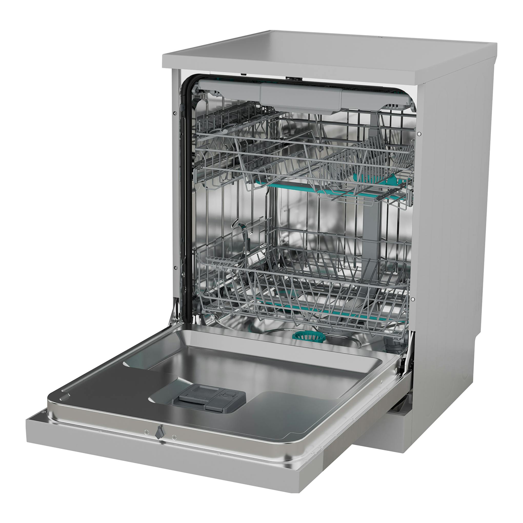 Lavavajillas Hisense HS643B90X inox, de libre instalación, con puerta abierta y cestas visibles.