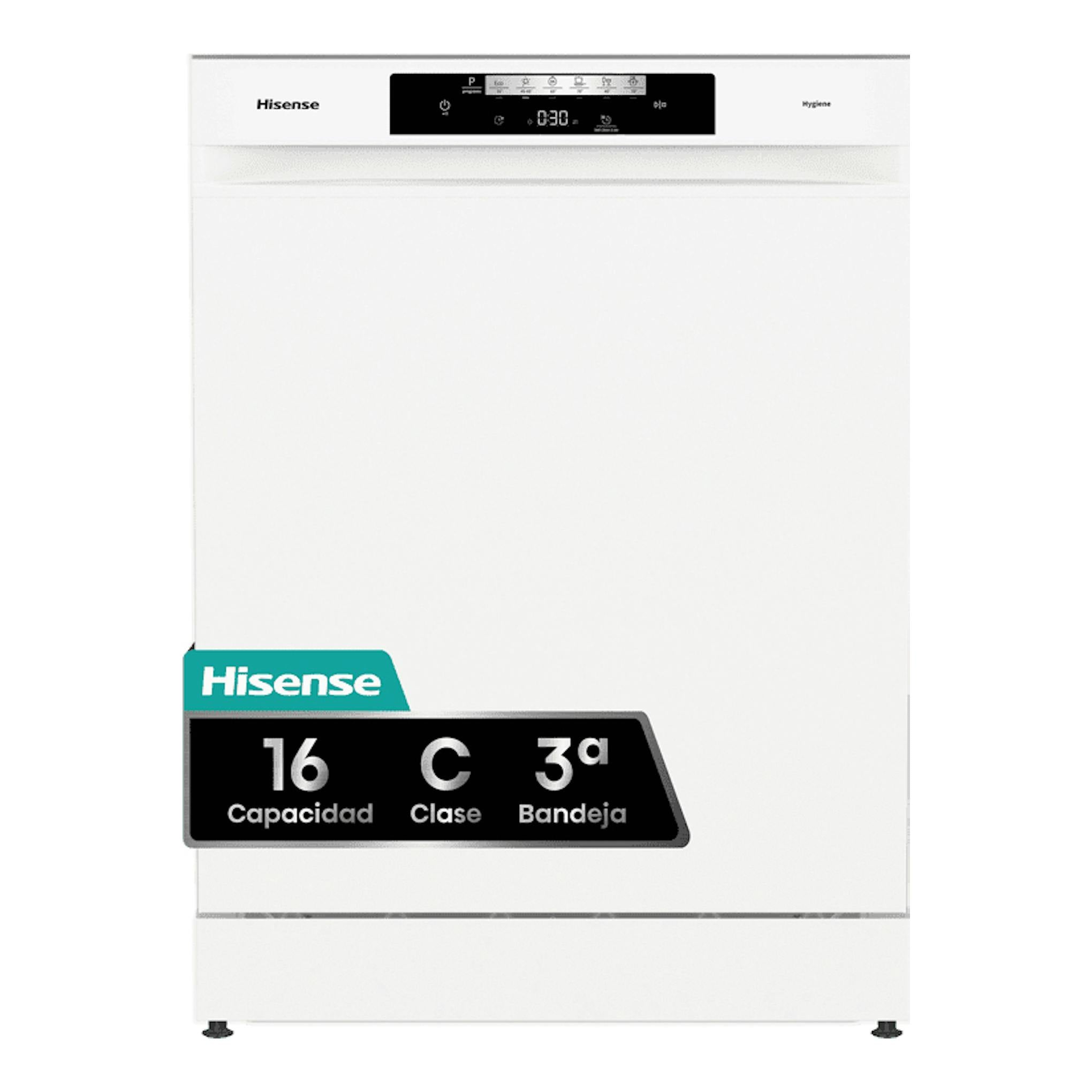 Lavavajillas Hisense HS643C90W blanco, vista frontal, con panel de control superior.