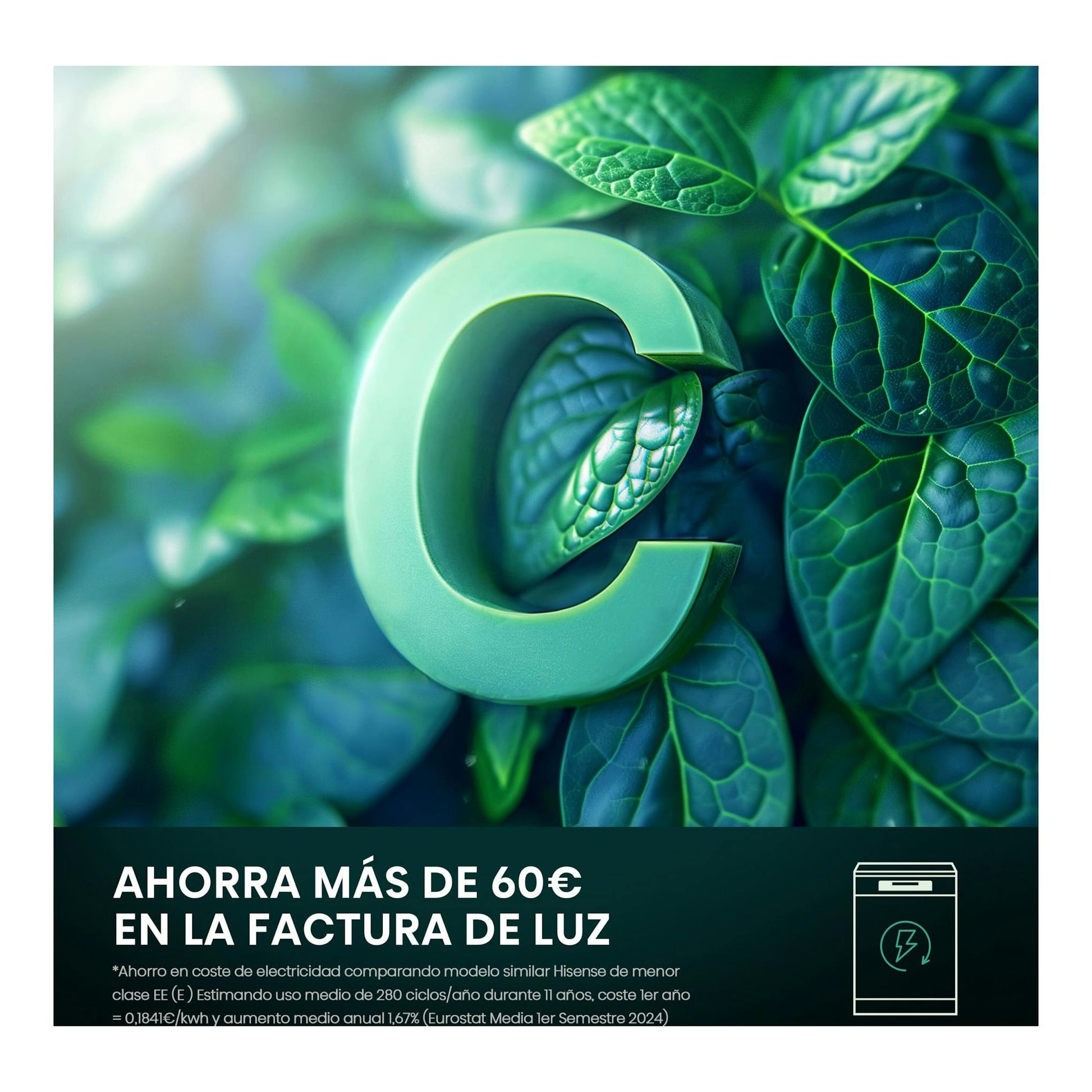 Gráfico promocional de Hisense con una C verde, hojas y texto sobre ahorro en la factura de luz.