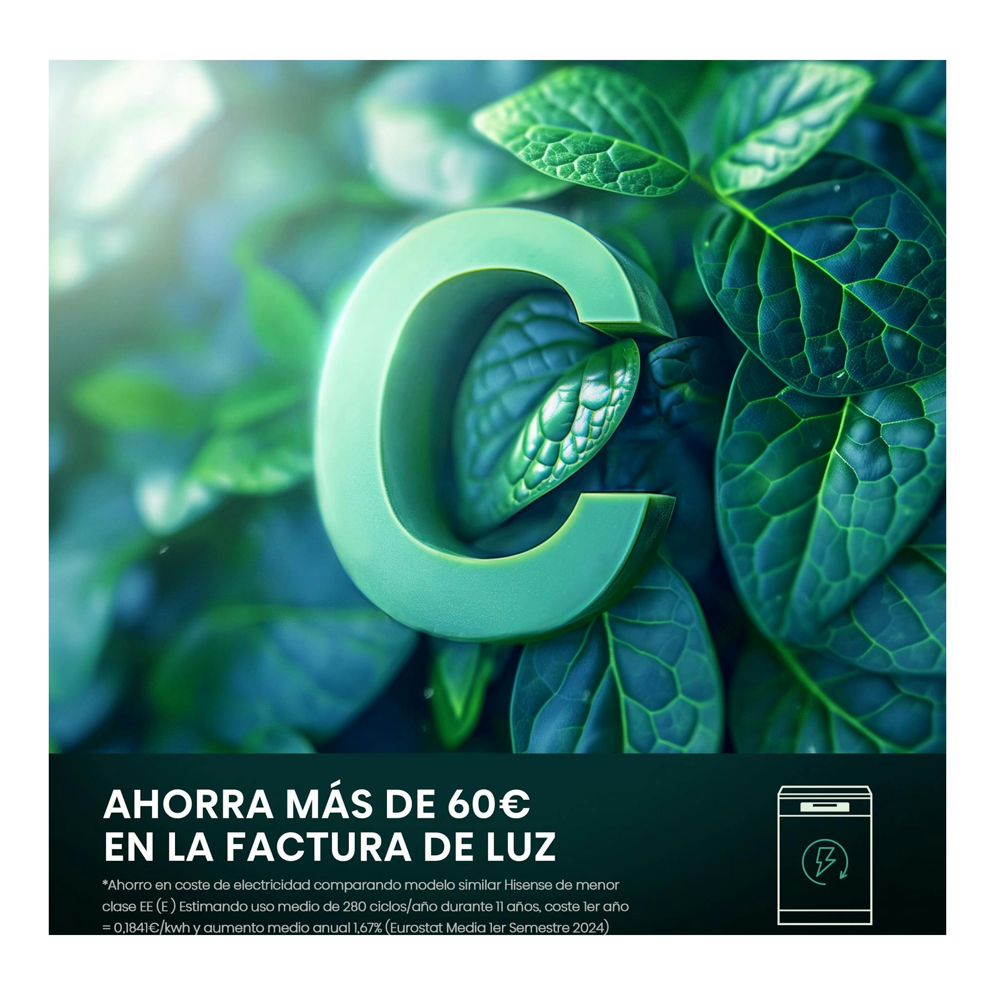 Gráfico promocional de Hisense con una C verde, hojas y texto sobre ahorro en la factura de luz.