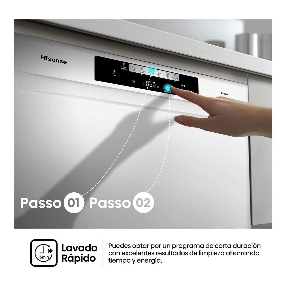 Lavavajillas Hisense HS643C90W blanco, vista frontal parcial, con panel táctil y una mano pulsando un botón.