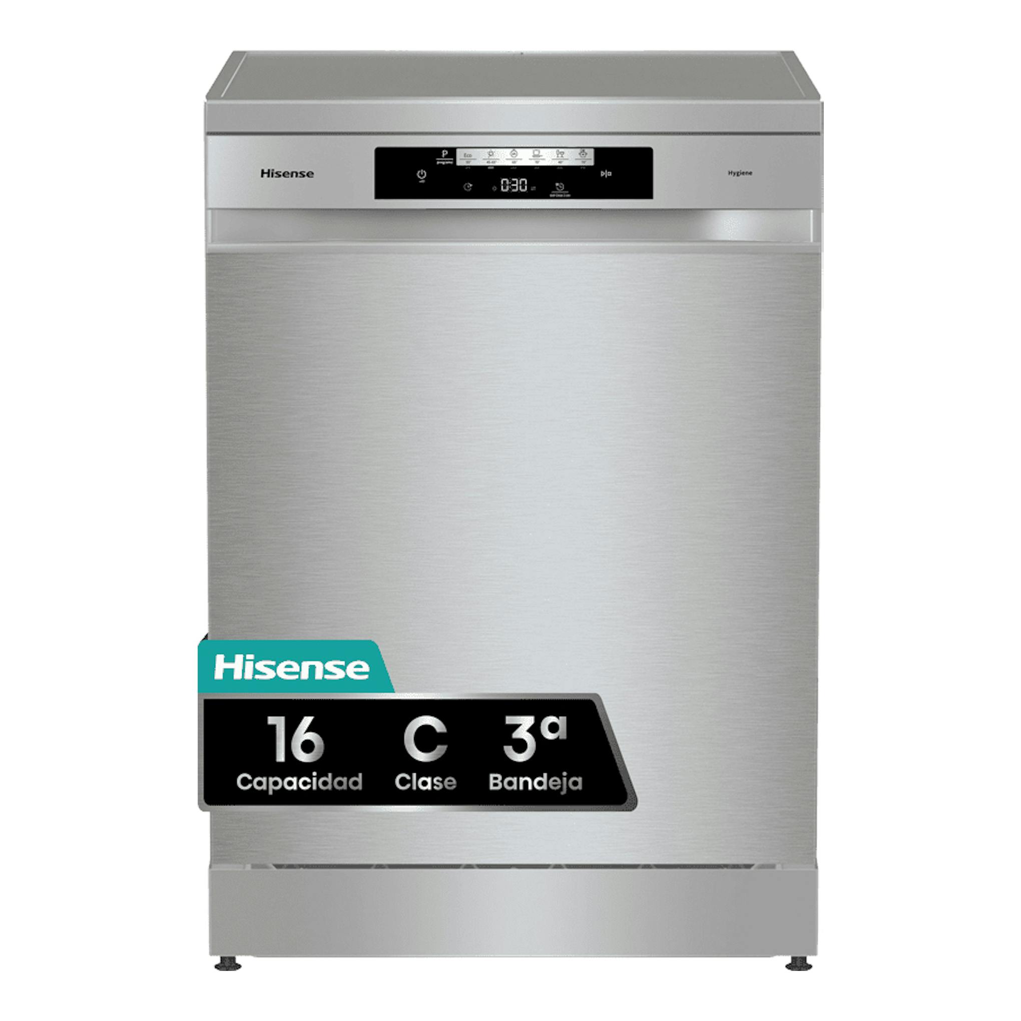 Lavavajillas Hisense HS643C90X, vista frontal, libre instalación, acabado inox.