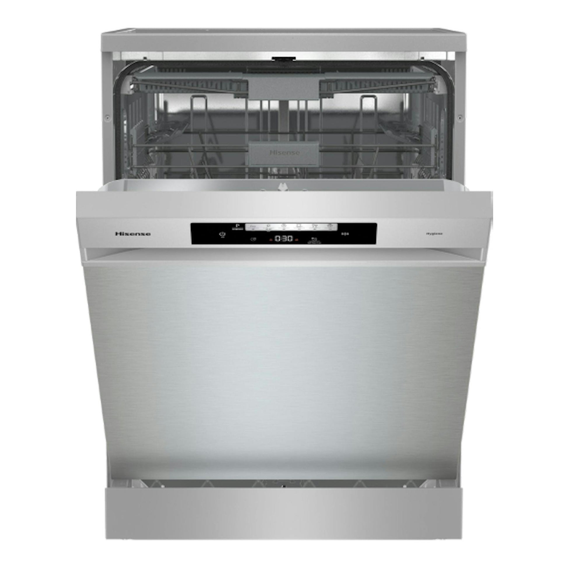 Lavavajillas Hisense HS643C90X de libre instalación, frontal en inox, con la puerta abierta.