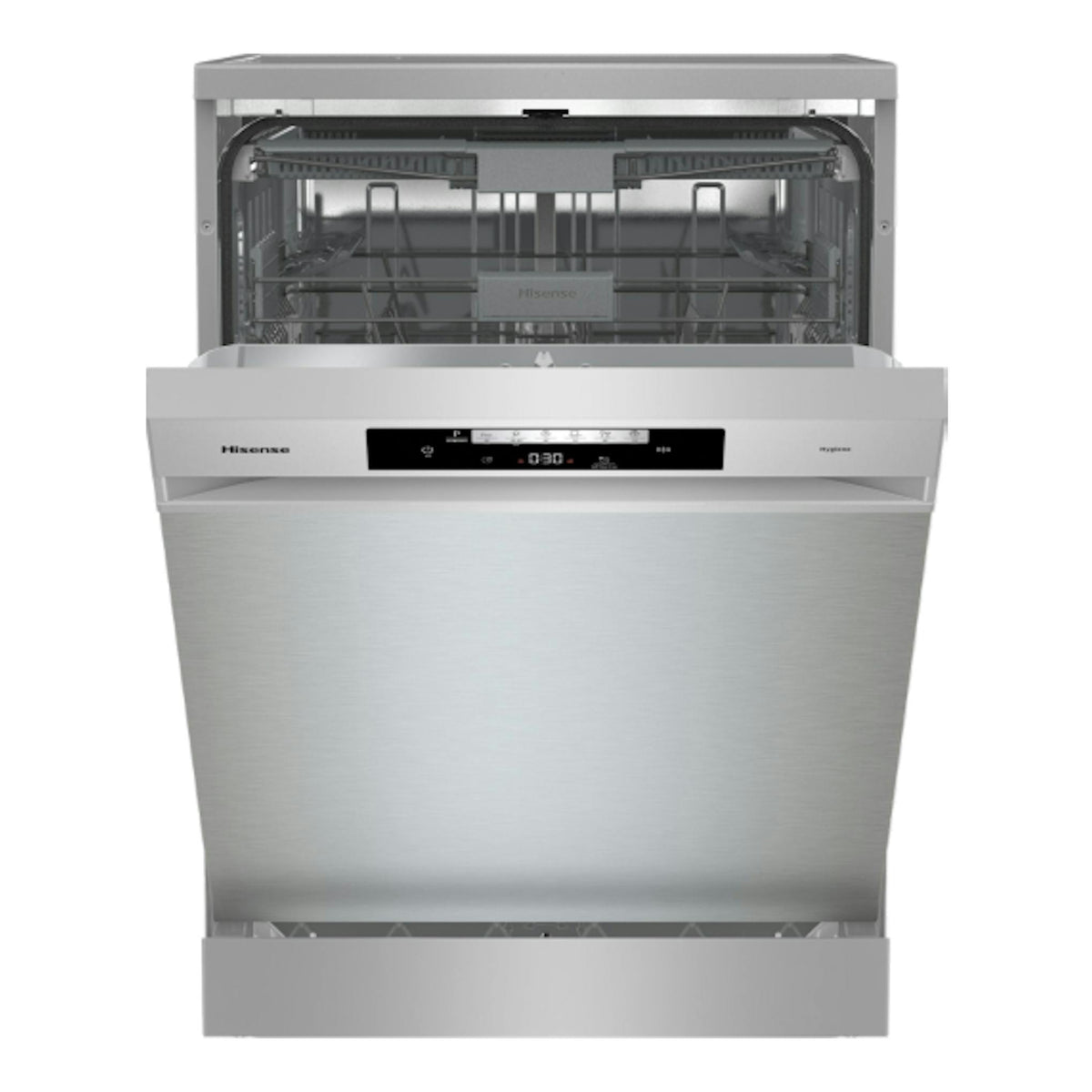 Lavavajillas Hisense HS643C90X de libre instalación, frontal en inox, con la puerta abierta.