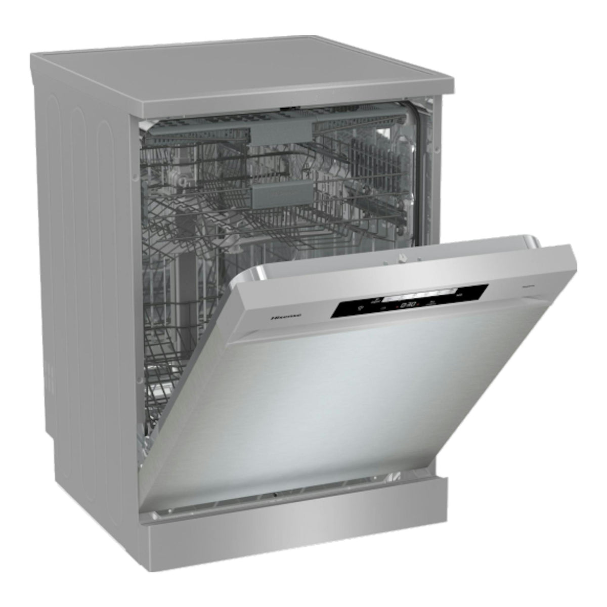Lavavajillas Hisense HS643C90X inox, vista frontal en 3/4 con la puerta abierta.