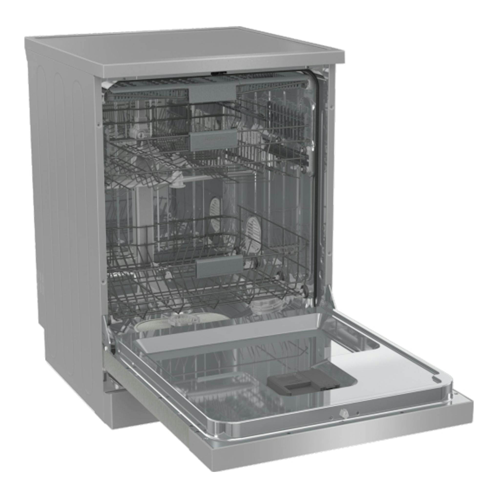 Lavavajillas Hisense HS643C90X en inox, vista frontal con puerta abierta y cestas interiores visibles.