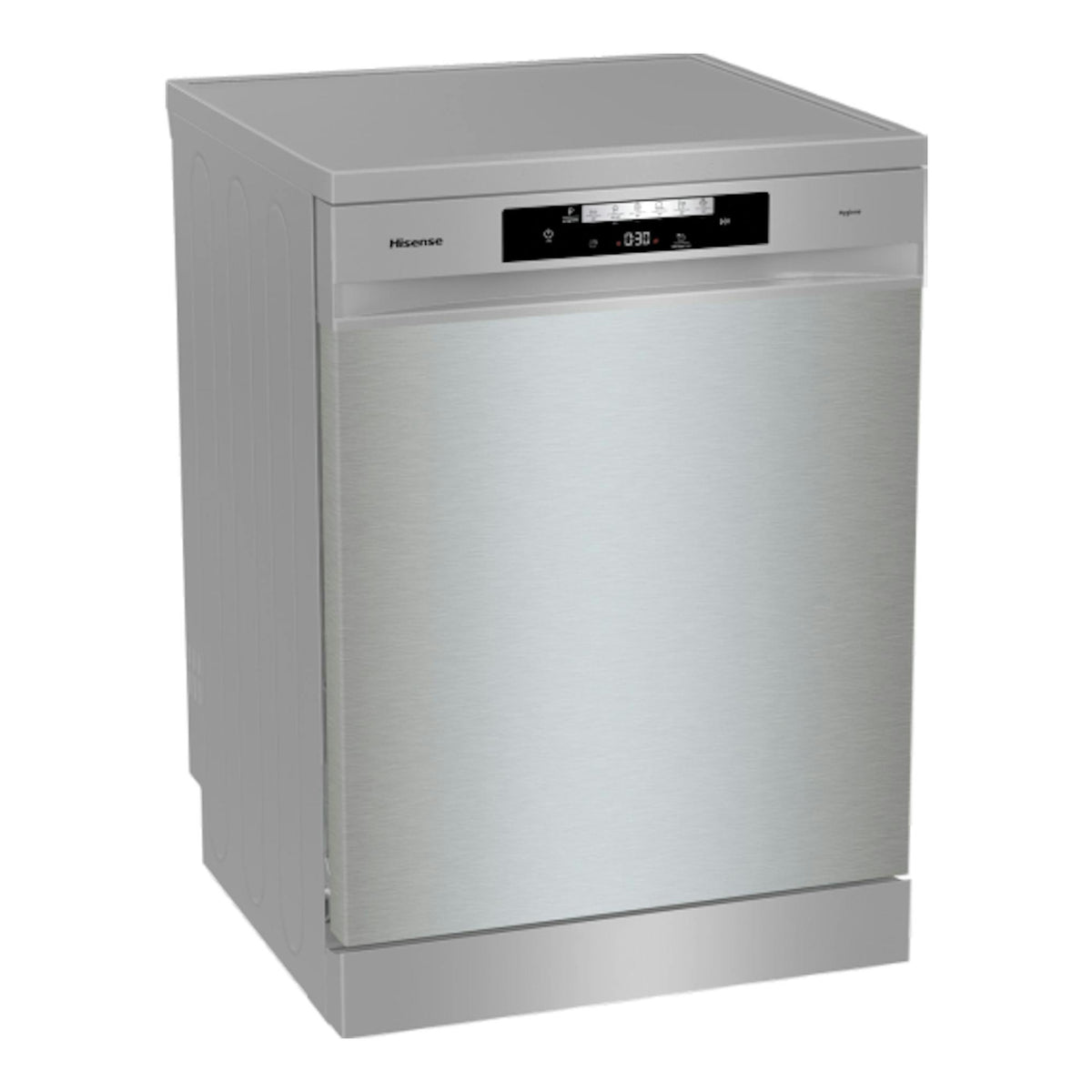 Lavavajillas Hisense HS643C90X inox, vista frontal izquierda, libre instalación.