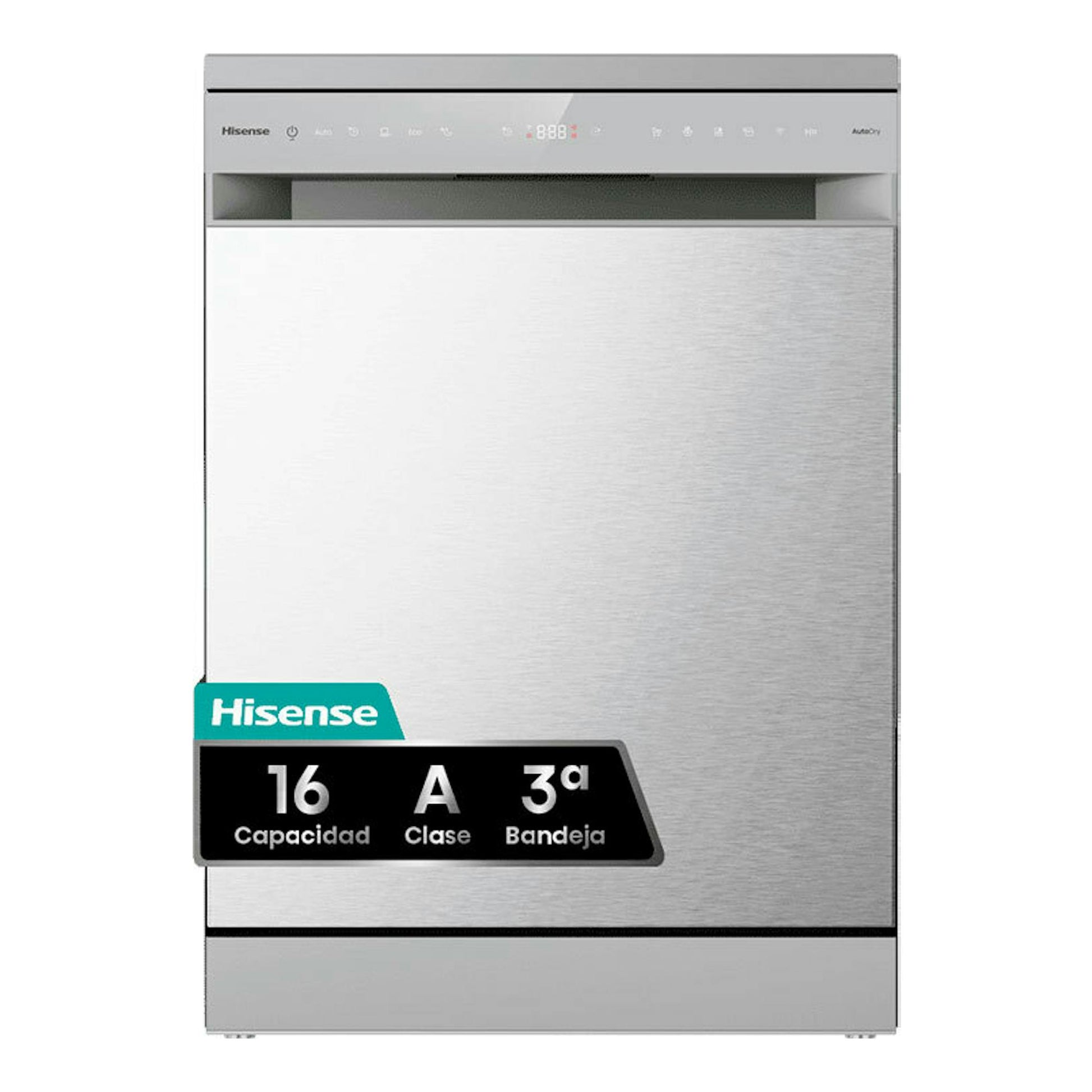 Lavavajillas Hisense HS673A90X de acero inoxidable, vista frontal, con panel superior y pantalla.