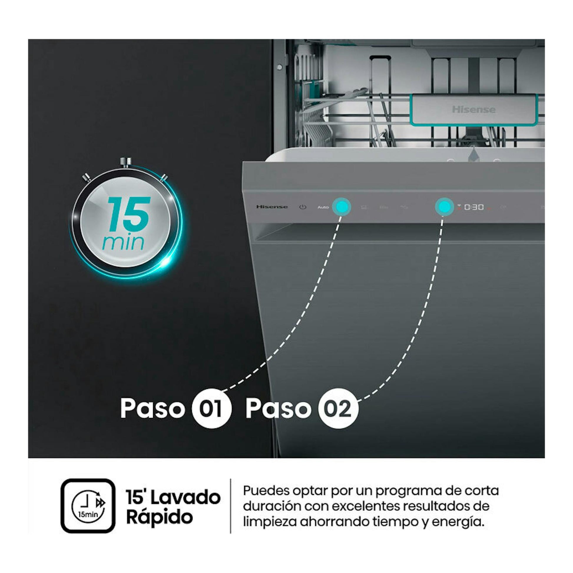 Lavavajillas Hisense HS673A90X gris, vista frontal con puerta abierta y panel de control, programa rápido 15 min.