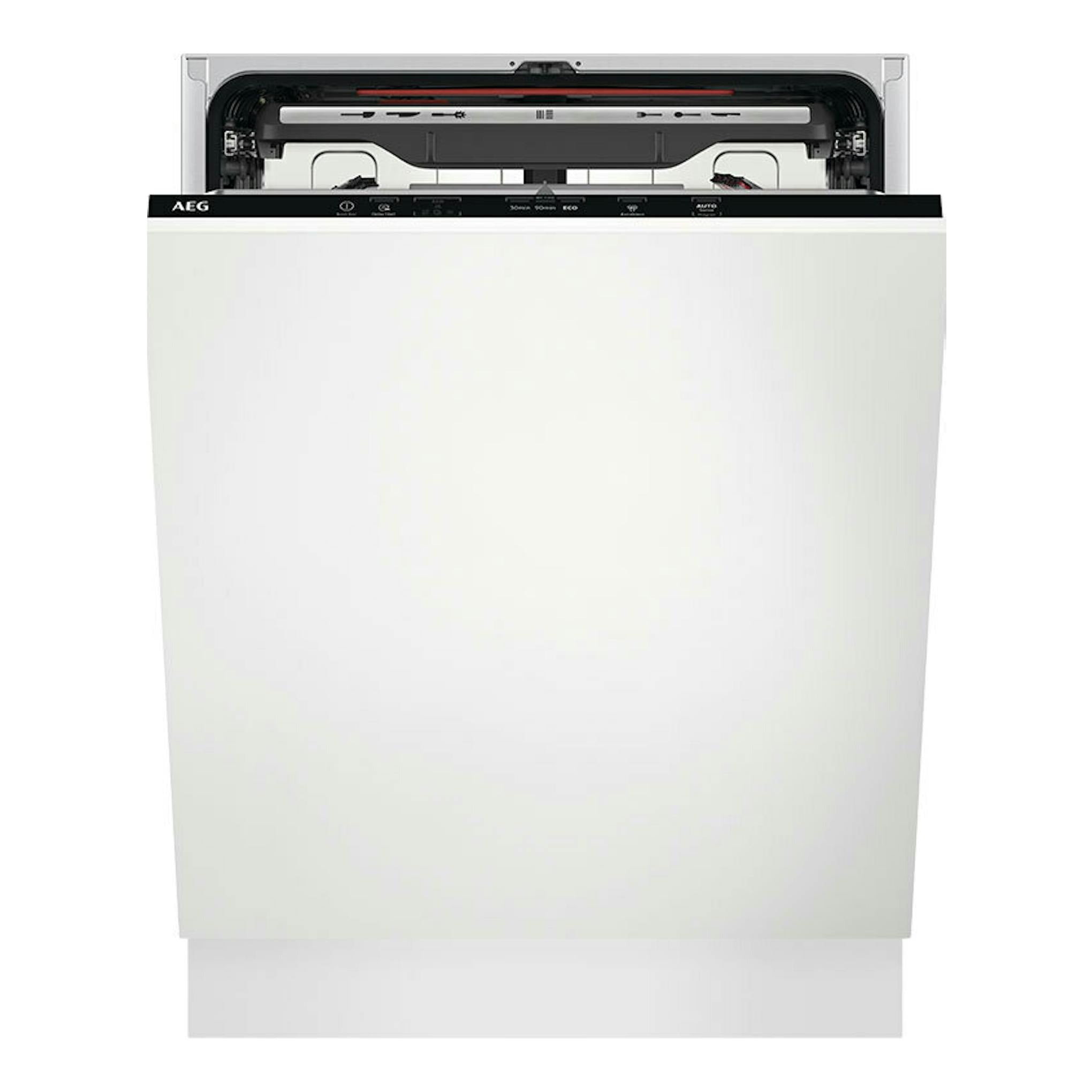Lavavajillas integrable AEG FSE7572AP blanco, vista frontal con la puerta cerrada y panel superior abierto.