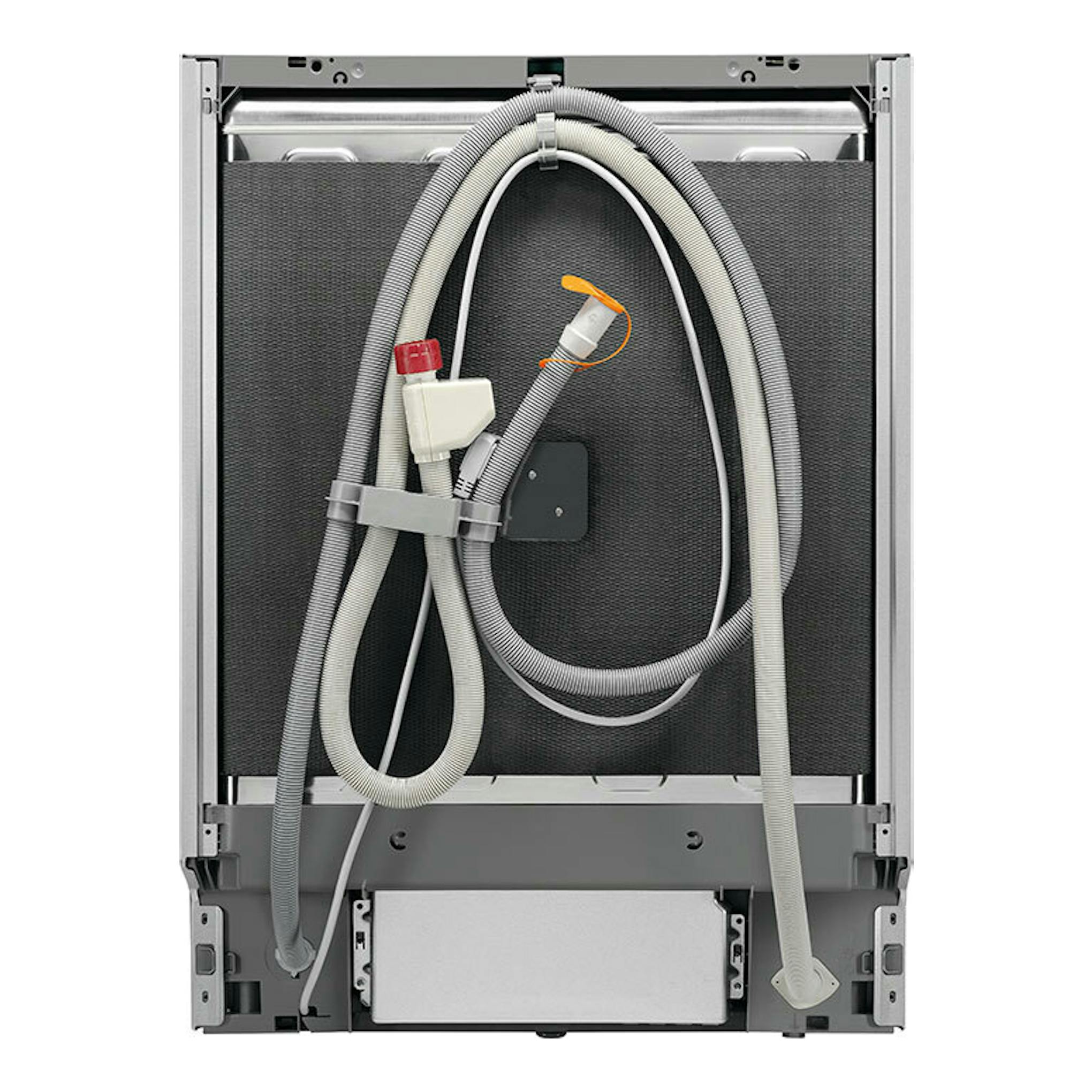 Lavavajillas integrable AEG FSE7572AP, vista trasera con mangueras y conexiones en color gris.