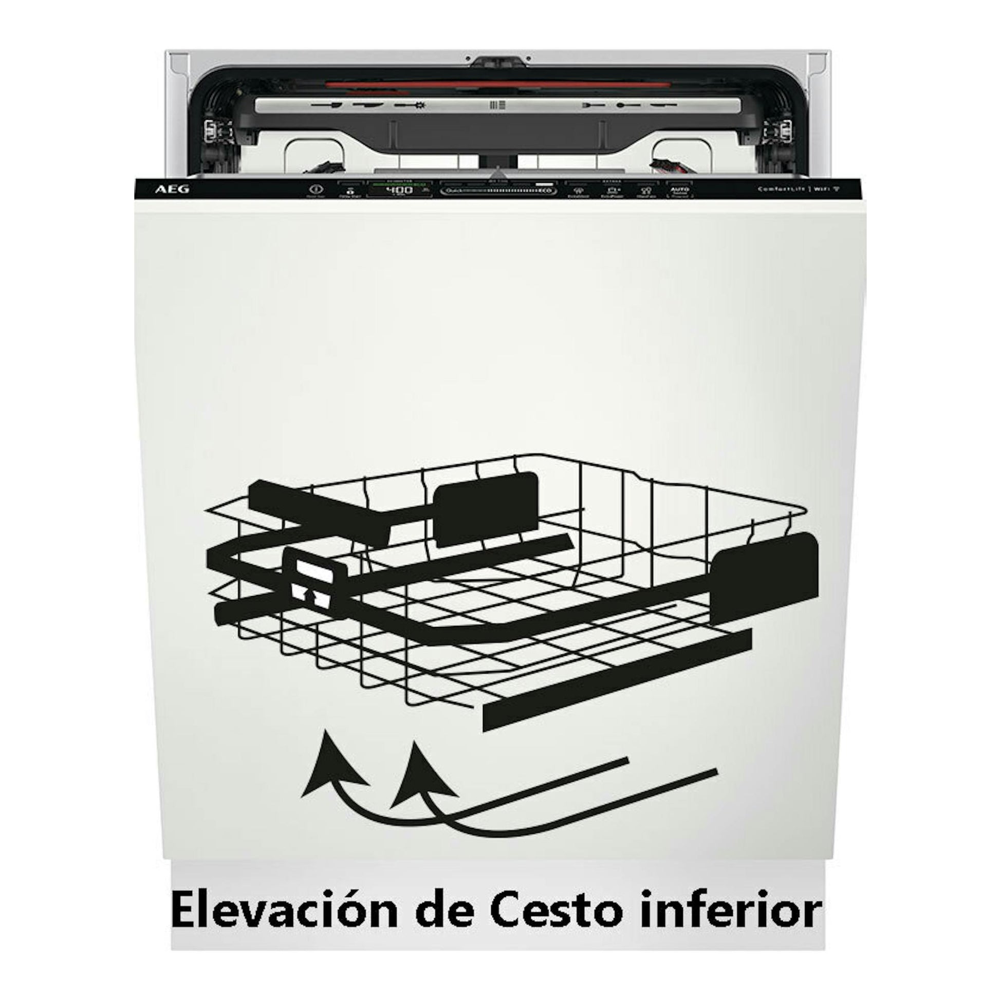Lavavajillas integrable AEG FSE96808P, vista frontal, puerta blanca abierta y cesta inferior elevada.