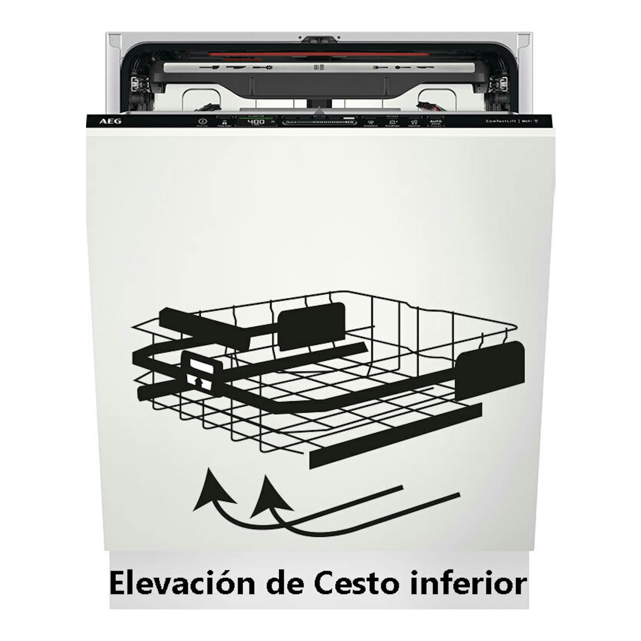 Lavavajillas integrable AEG FSE96808P, vista frontal, puerta blanca abierta y cesta inferior elevada.