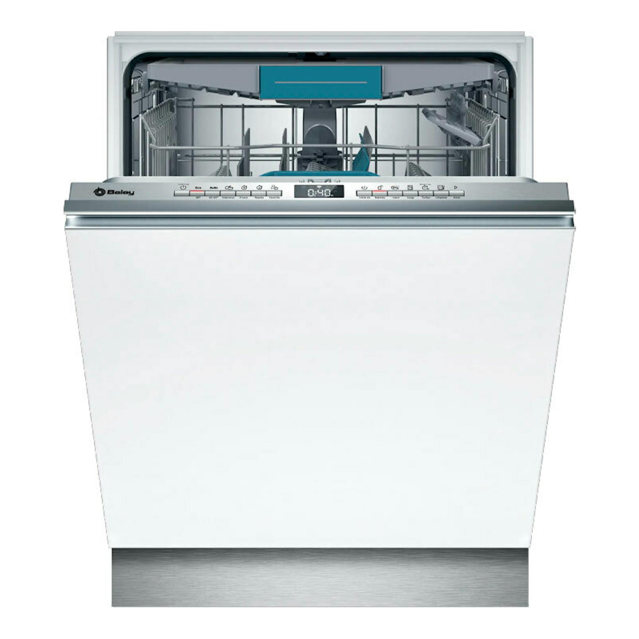 Lavavajillas integrable Balay 3VF6330SA de 60 cm, frontal blanco con panel superior abierto.