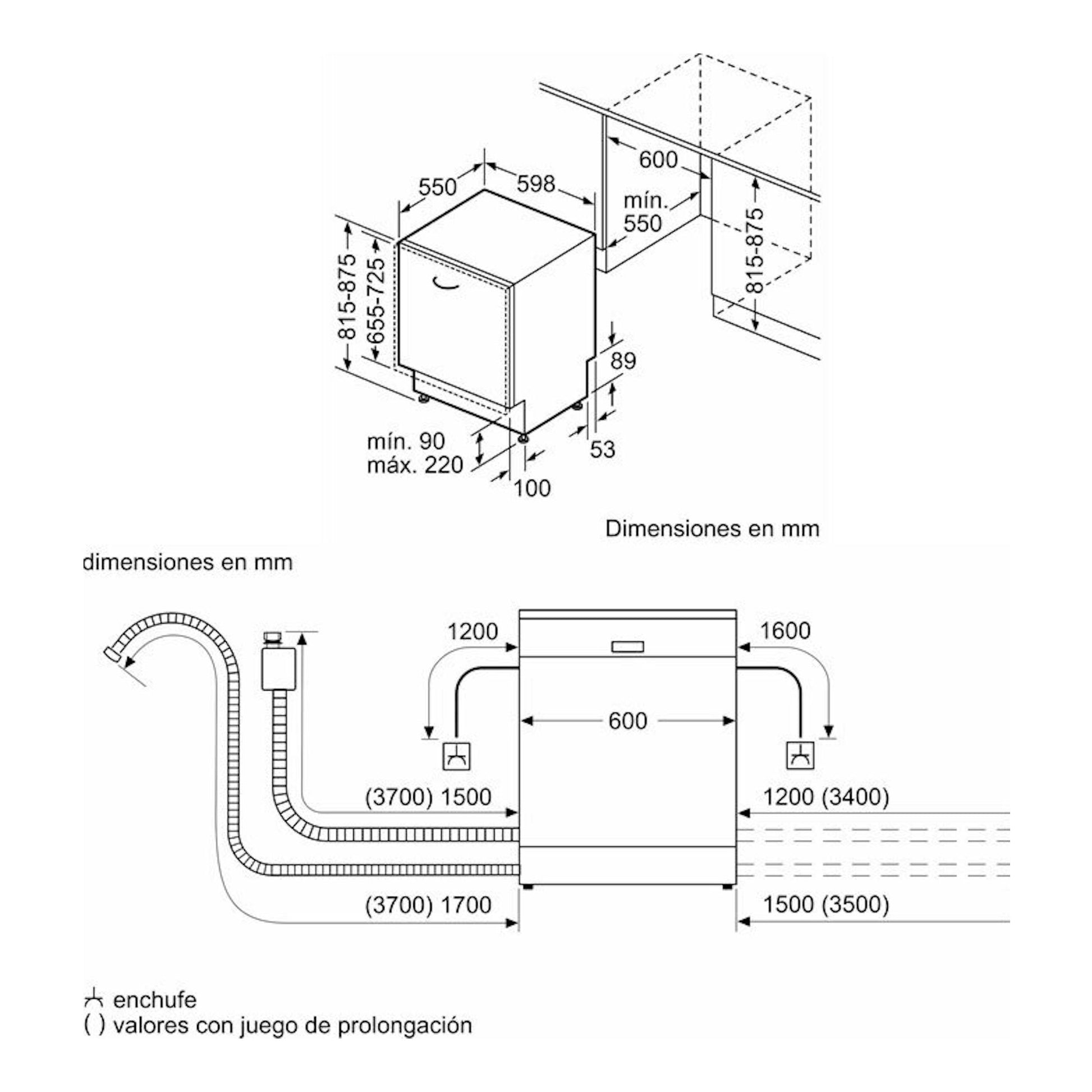 Diagrama técnico del lavavajillas integrable Balay 3VF6330SA de 60 cm, vistas frontal y lateral, con medidas en mm.