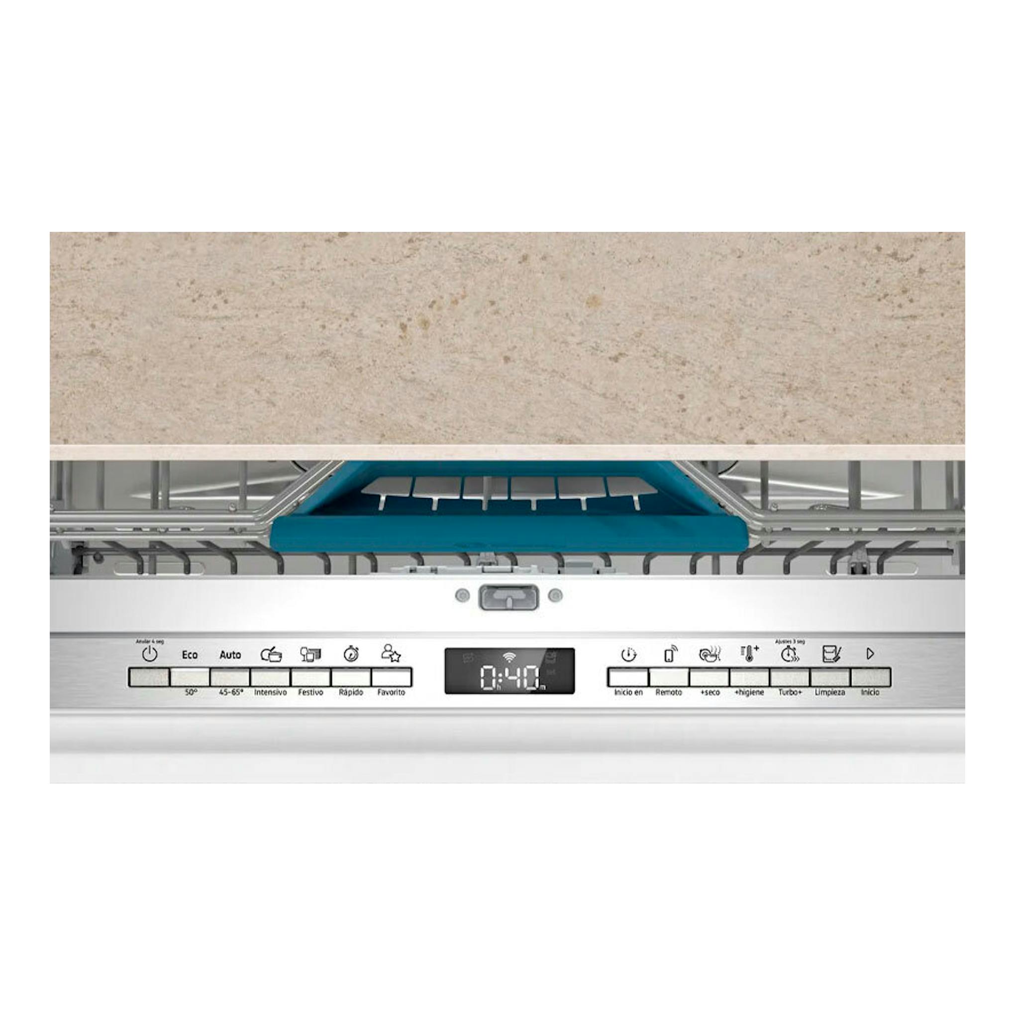 Lavavajillas integrable Balay 3VH6330SA, vista frontal del panel blanco con display central.