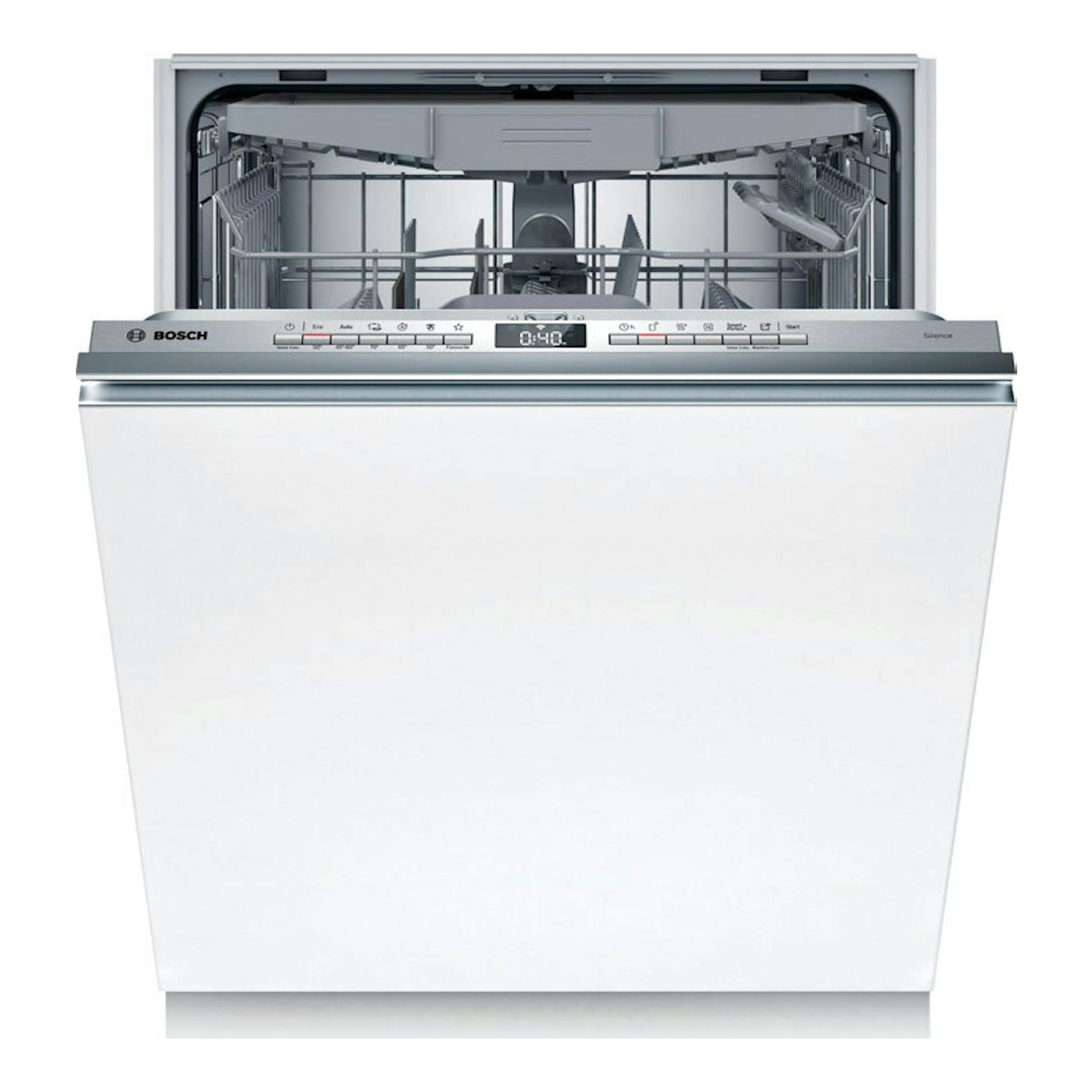 Lavavajillas integrable Bosch SBH4HVX14E blanco, vista frontal con la puerta abierta y panel de control superior.