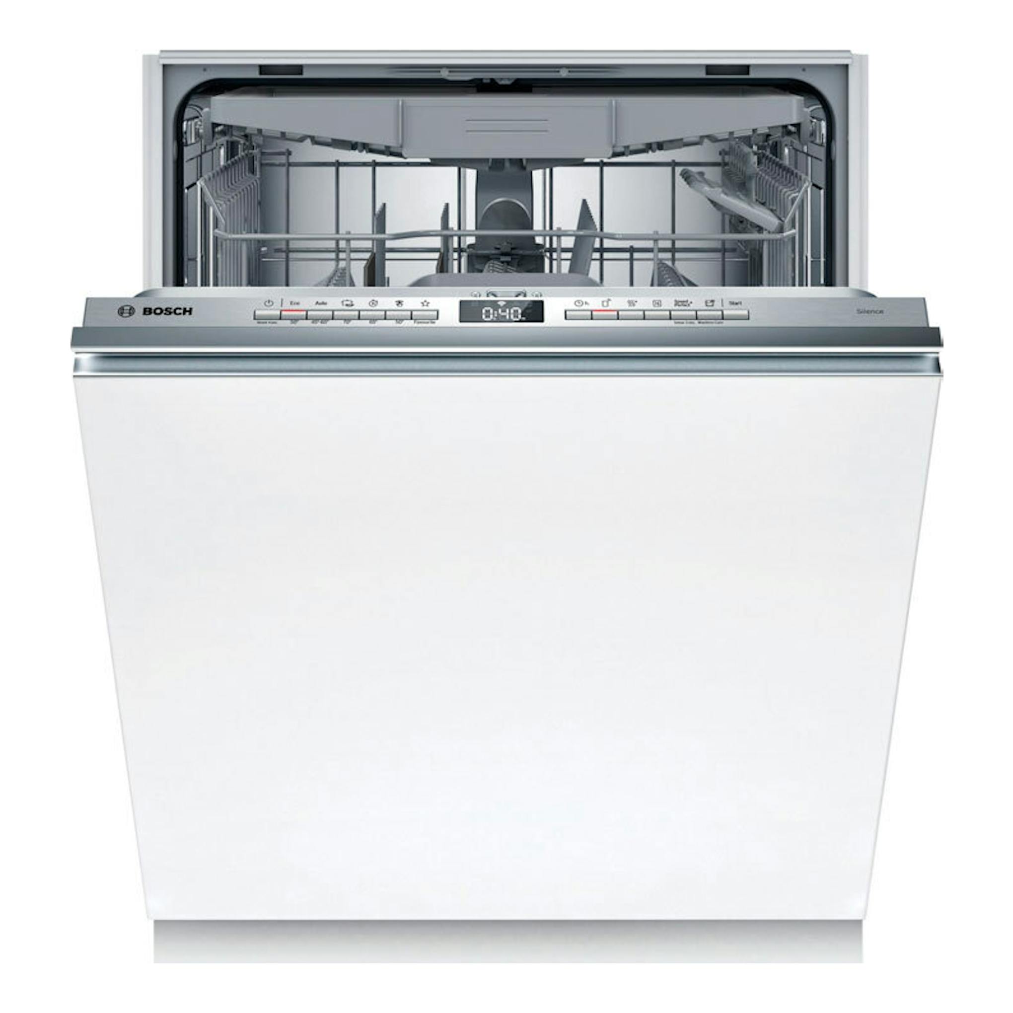 Lavavajillas integrable Bosch SBH4HVX14E blanco, vista frontal con la puerta abierta y panel de control superior.