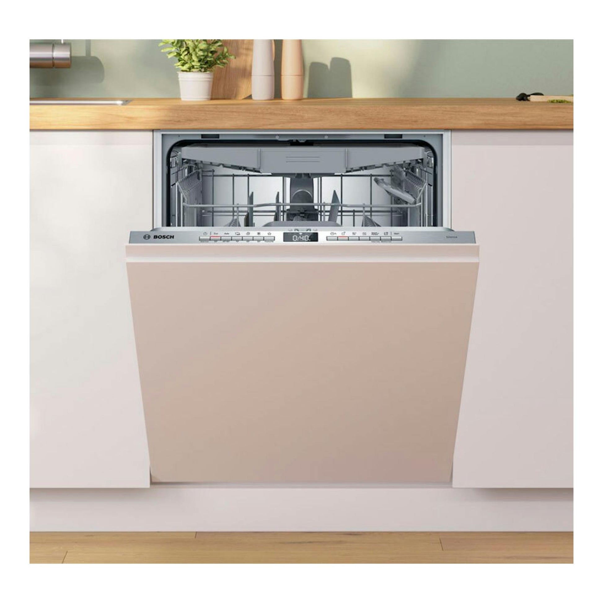 Lavavajillas integrable Bosch SMH4HVX14E, vista frontal, puerta abierta, panel beige en cocina.
