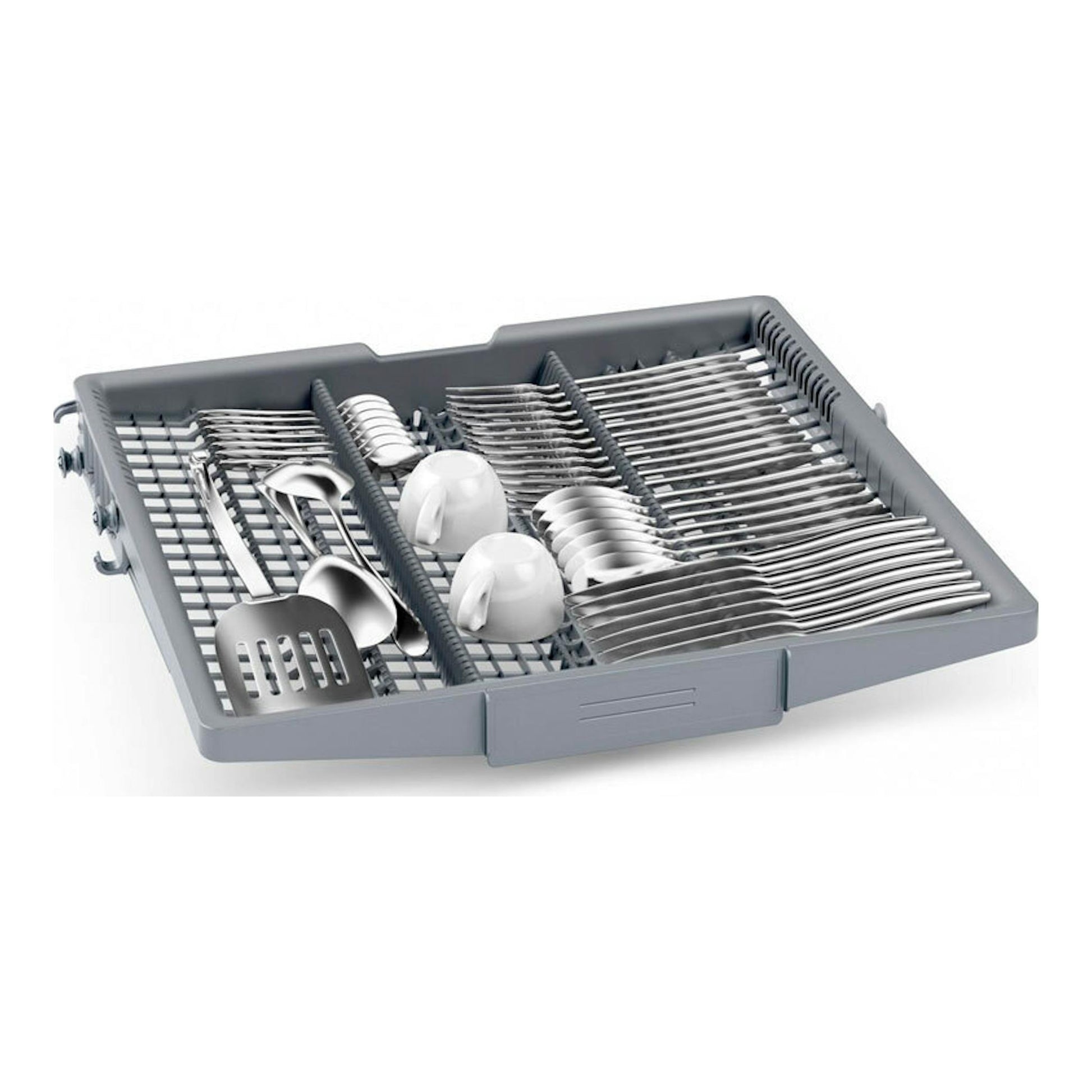 Bosch SMH4HVX14E: bandeja superior gris para cubiertos y vajilla, vista en ángulo sobre fondo blanco.