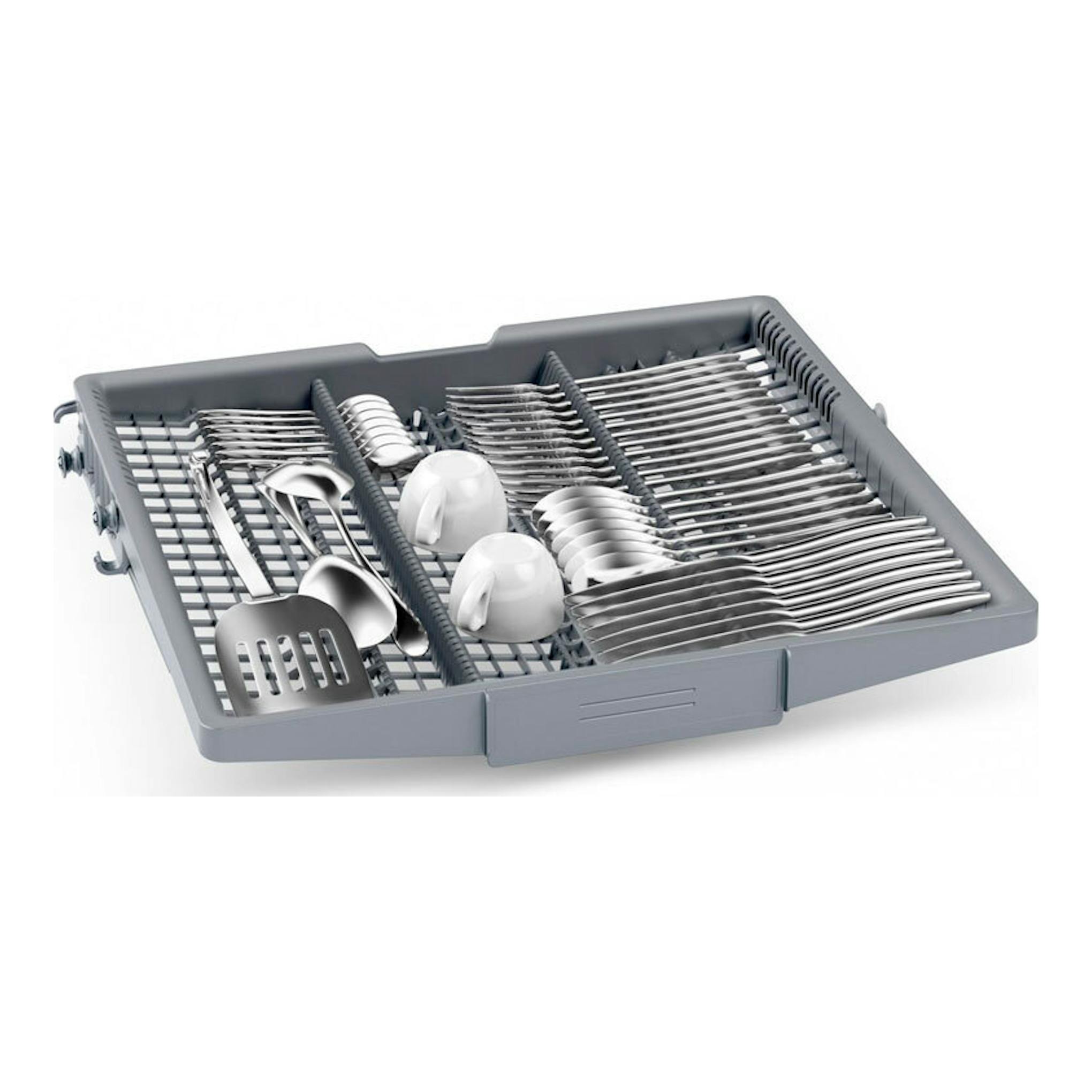 Bosch SMH4HVX14E: bandeja superior gris para cubiertos y vajilla, vista en ángulo sobre fondo blanco.