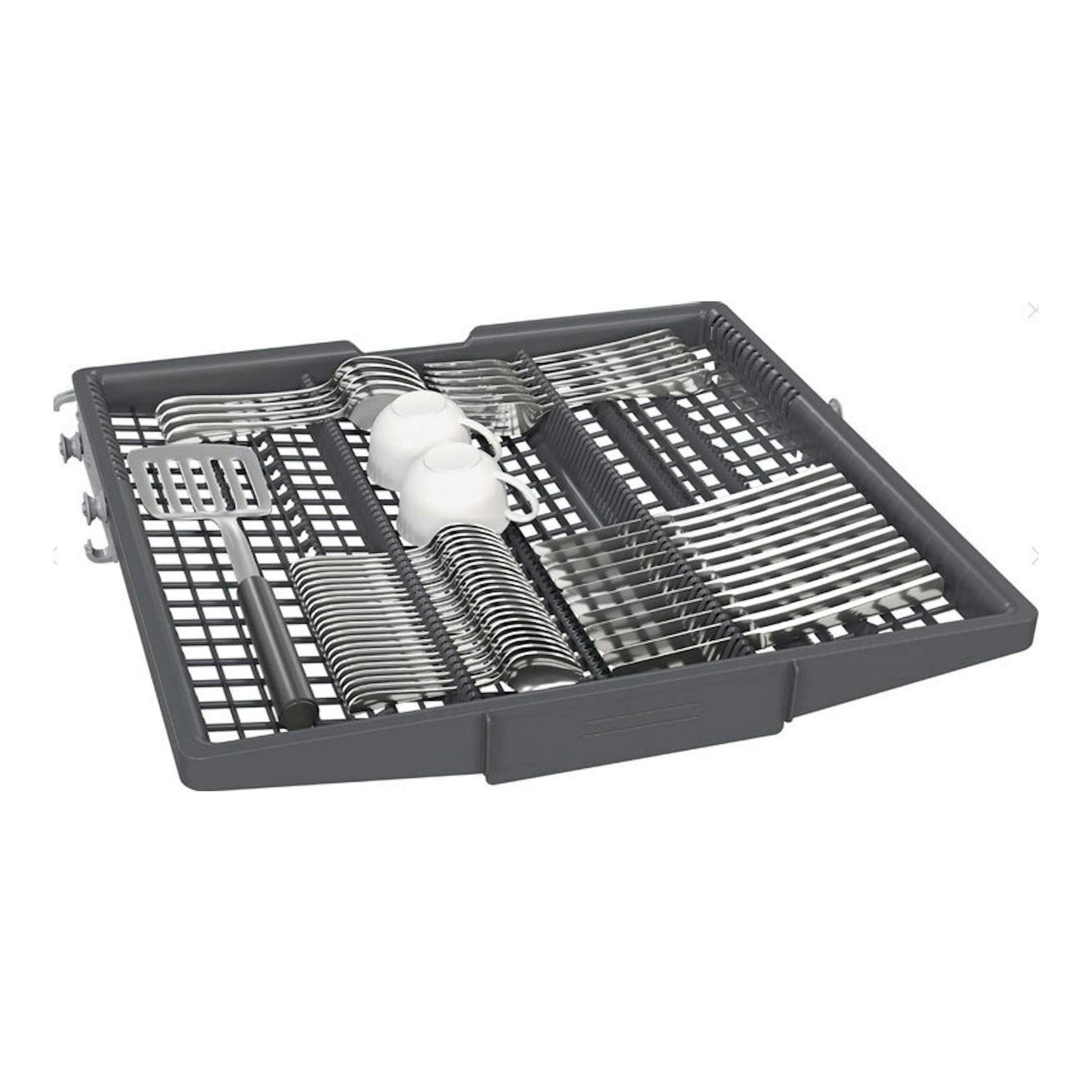 Bandeja porta cubiertos gris de lavavajillas Siemens SN73HX03VE, vista en ángulo con cubiertos.
