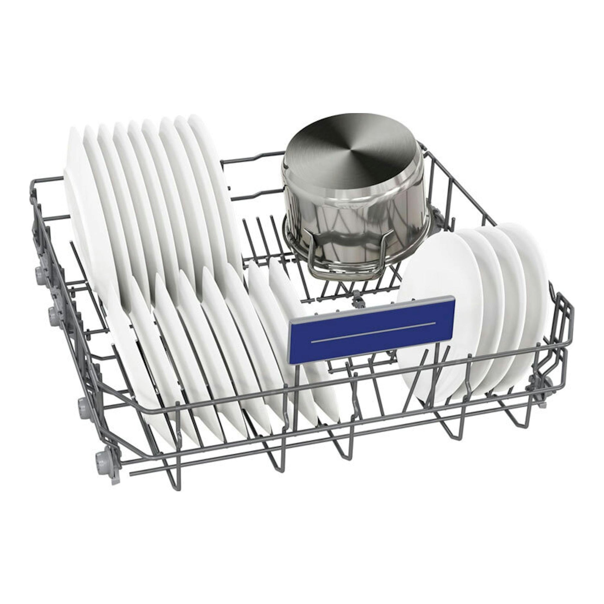 Lavavajillas integrable Siemens SN73HX03VE, cesta inferior con platos blancos y una olla, vista en ángulo.