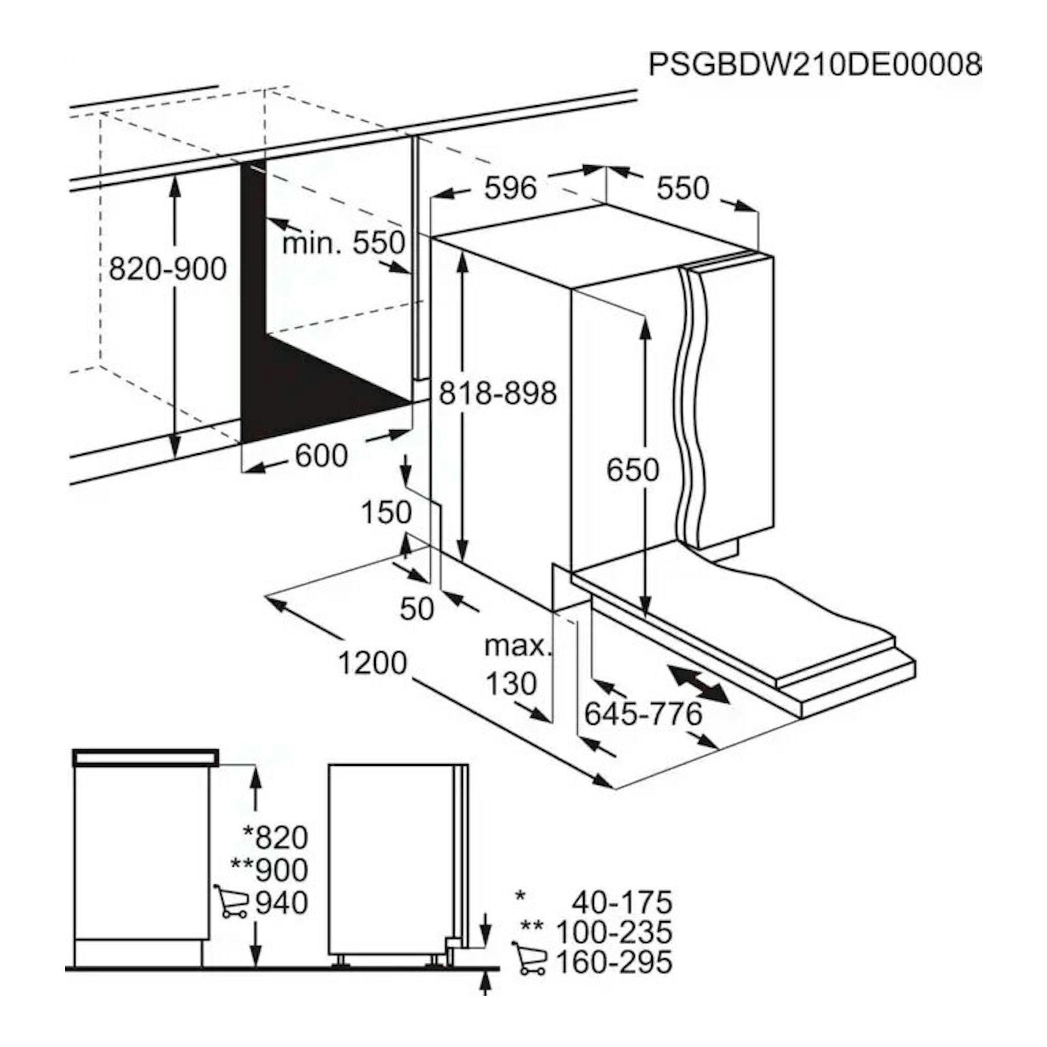 AEG FSB32610Z: diagrama técnico de lavavajillas integrable 60 cm, con vistas frontal y lateral y medidas.