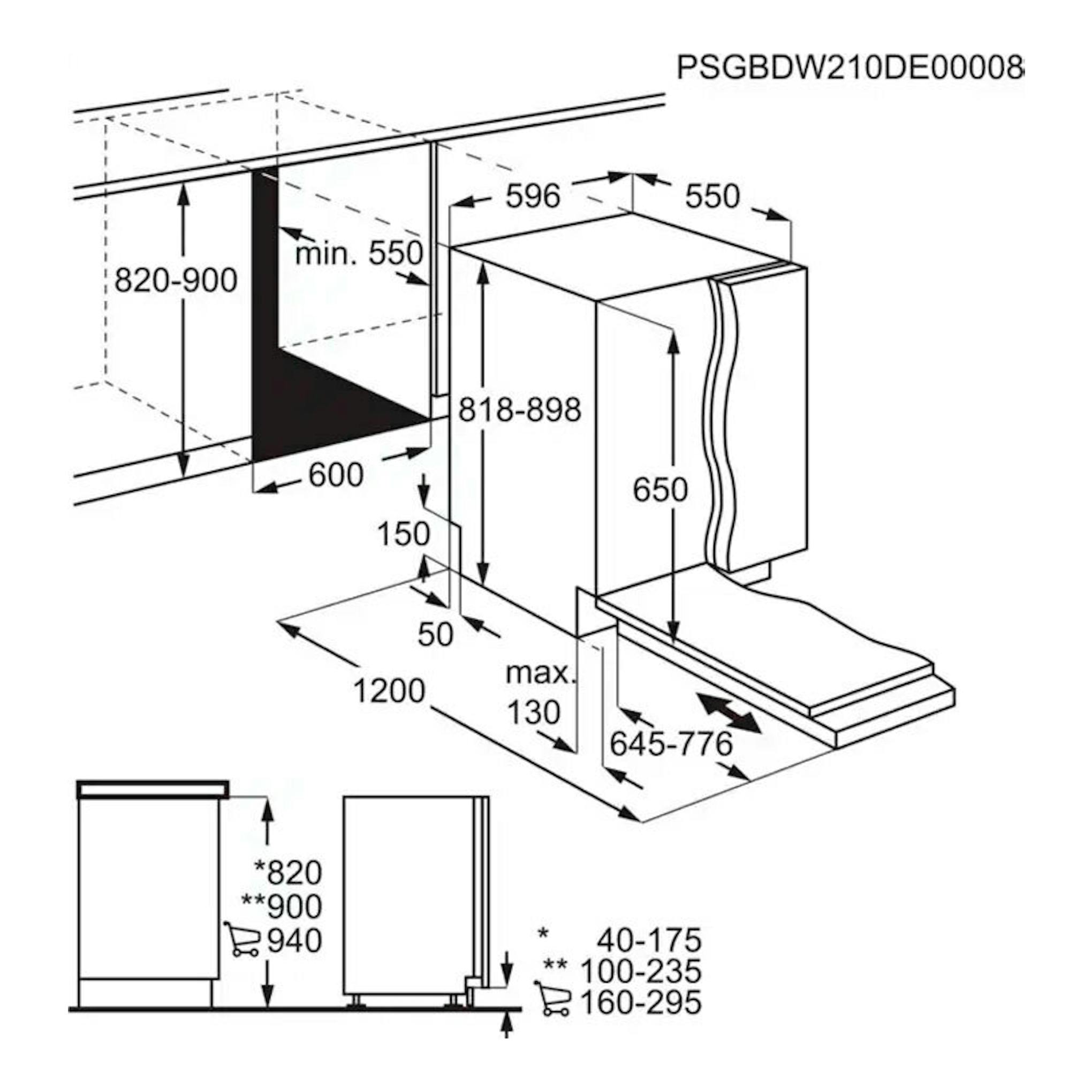 AEG FSB34707Z: esquema técnico de instalación de lavavajillas integrable de 60 cm, con vistas frontal y lateral.